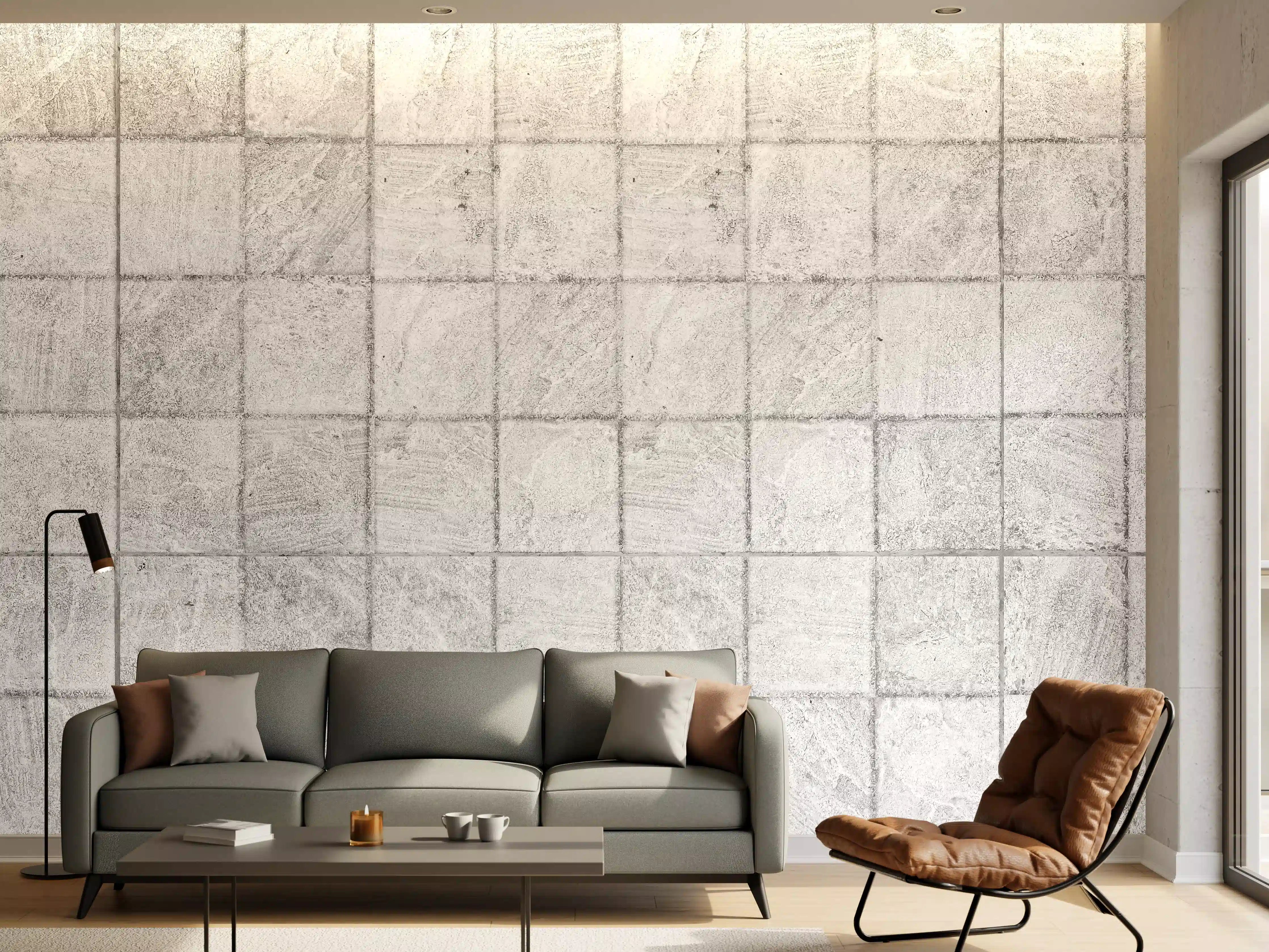 Wandverkleidung Wohnzimmer - Weiße quadratische Stein Fliesen