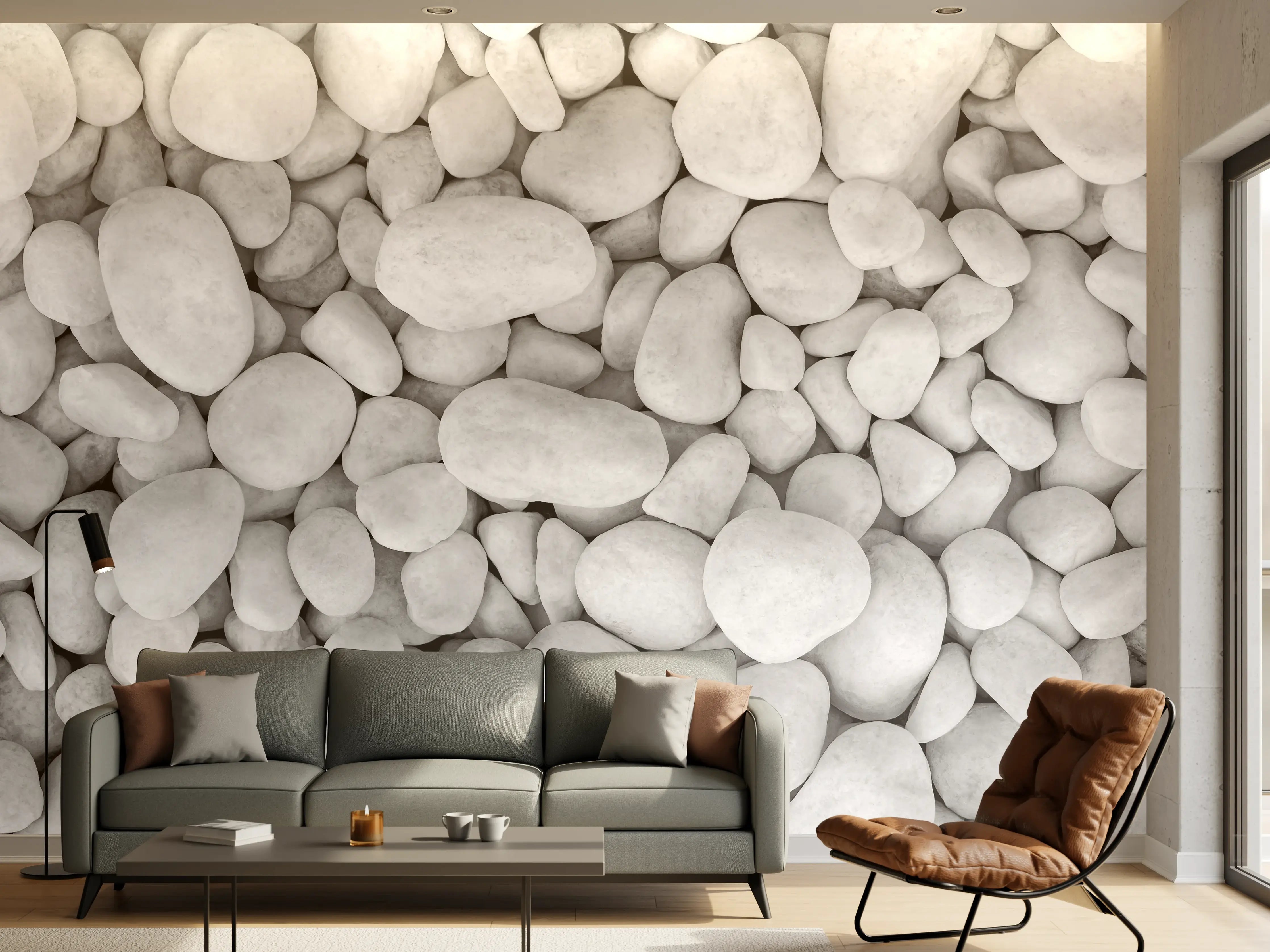 Wandverkleidung Wohnzimmer - Weißer Kieselstein