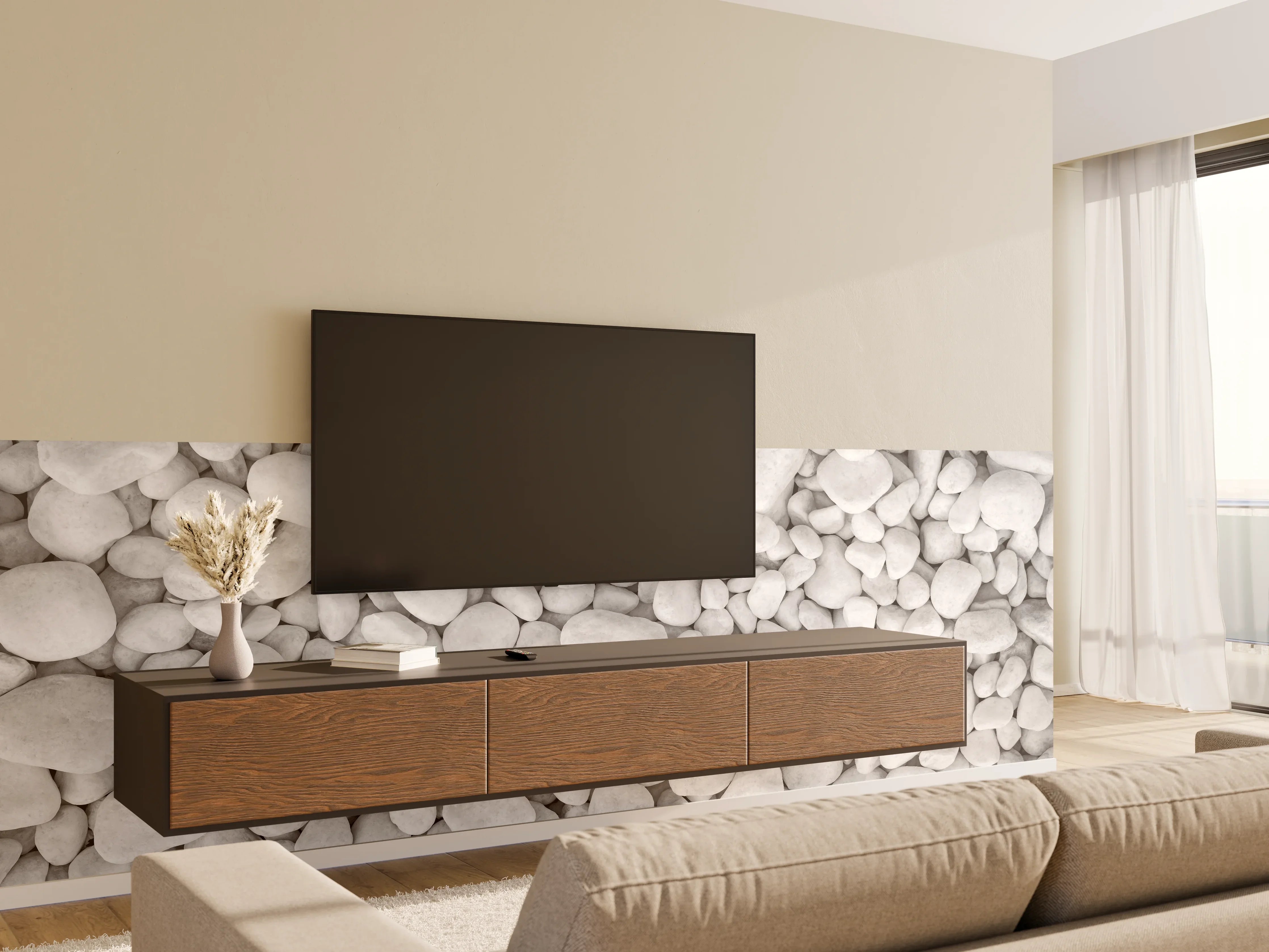 Wandverkleidung Wohnzimmer - Weißer Kieselstein