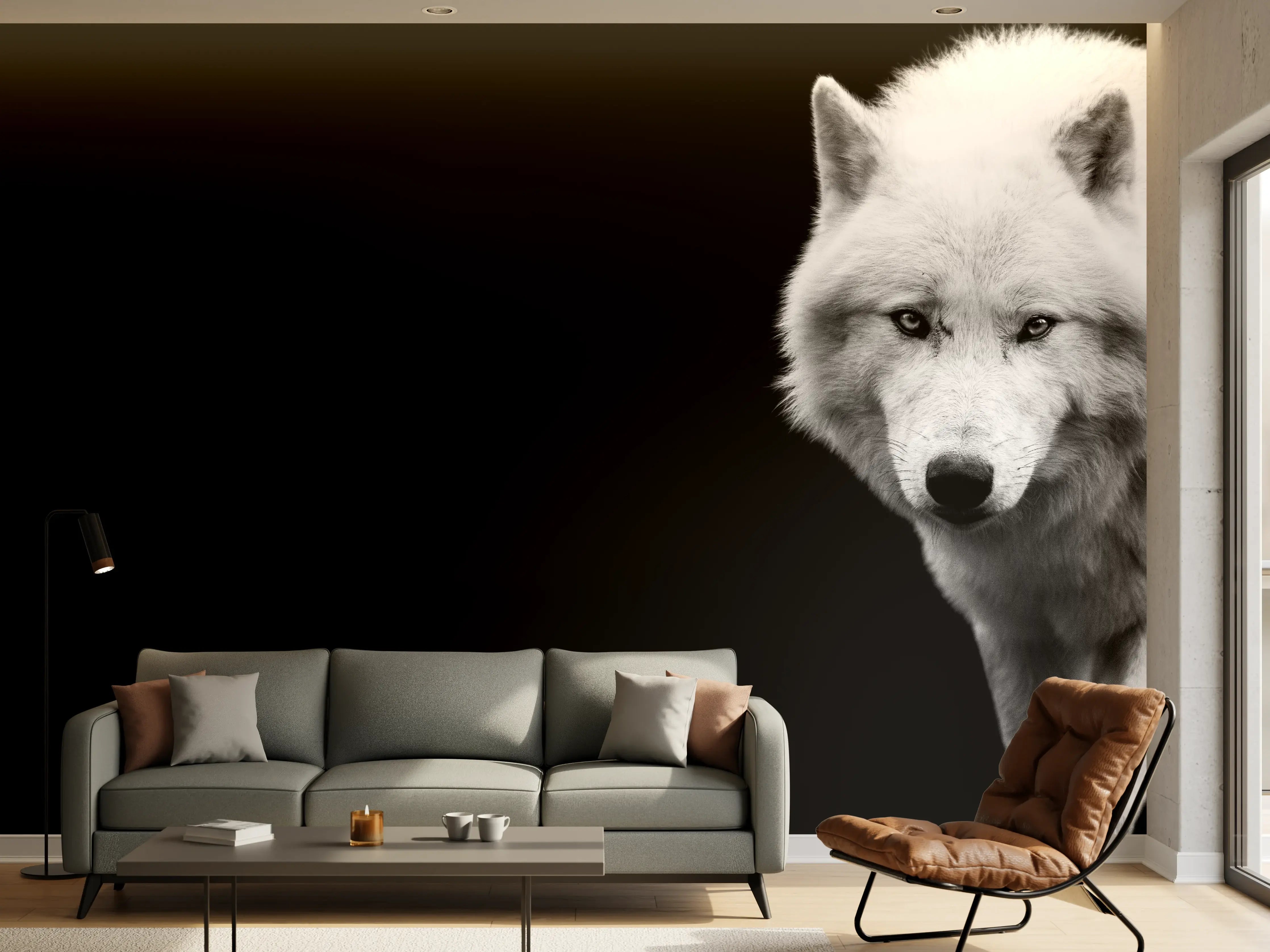 Wandverkleidung Wohnzimmer - Weißer Wolf mit schwarzem Hintergrund