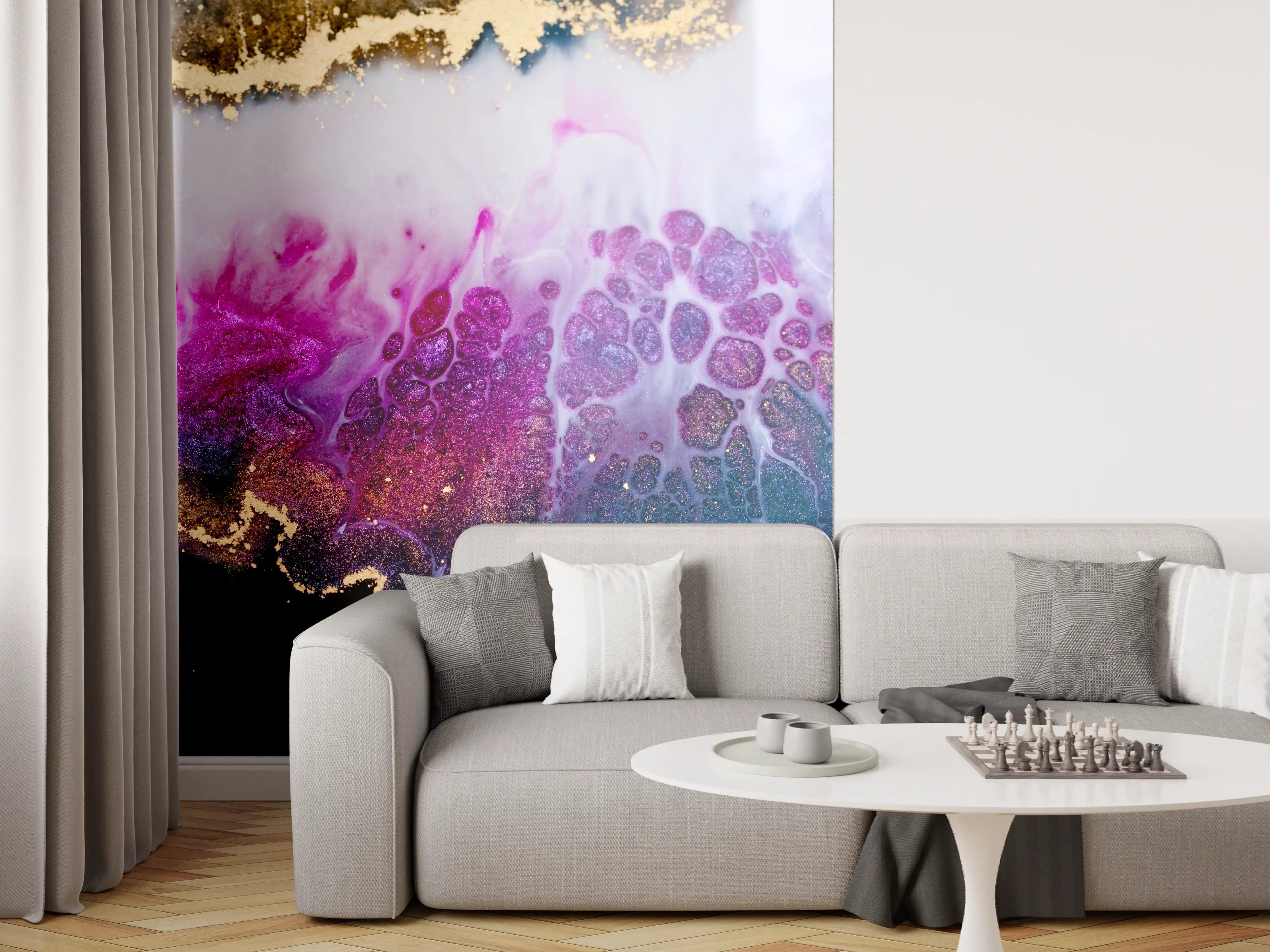 Wandverkleidung Wohnzimmer - Weißes Abstrakt mit Grau- und Farbnuancen