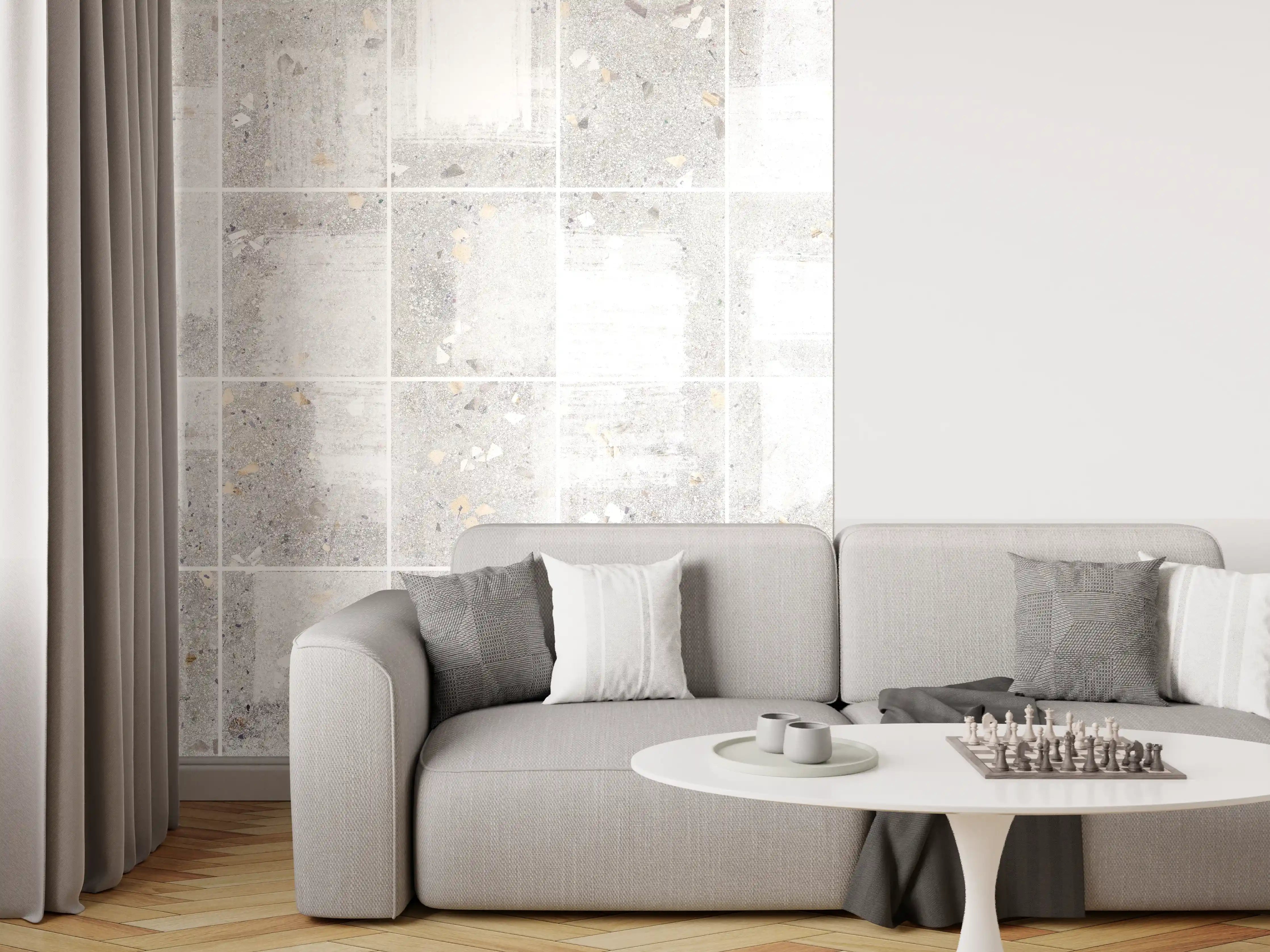 Wandverkleidung Wohnzimmer - Weißes Fliesenmuster - Terrazzo Struktur