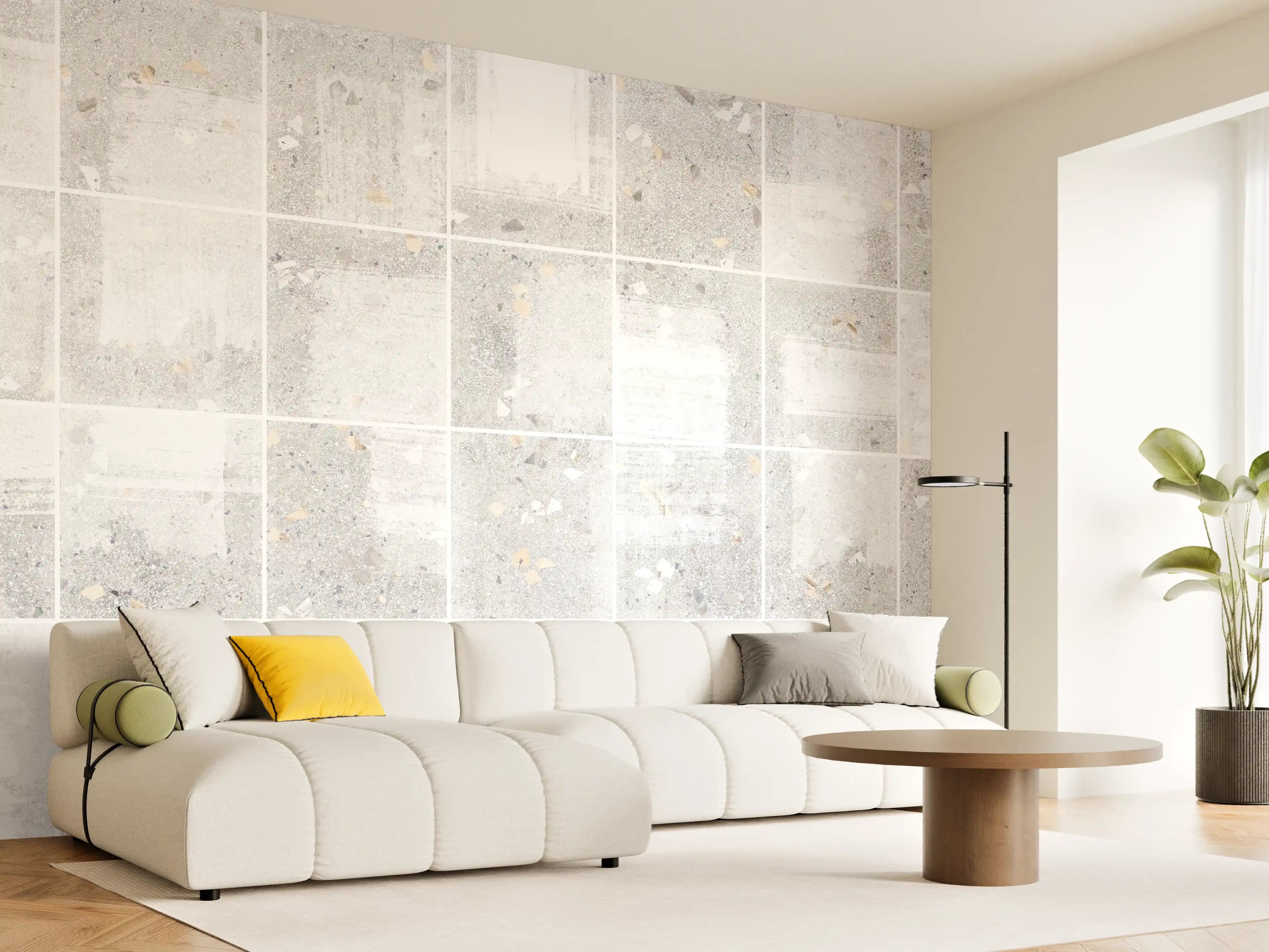 Wandverkleidung Wohnzimmer - Weißes Fliesenmuster - Terrazzo Struktur