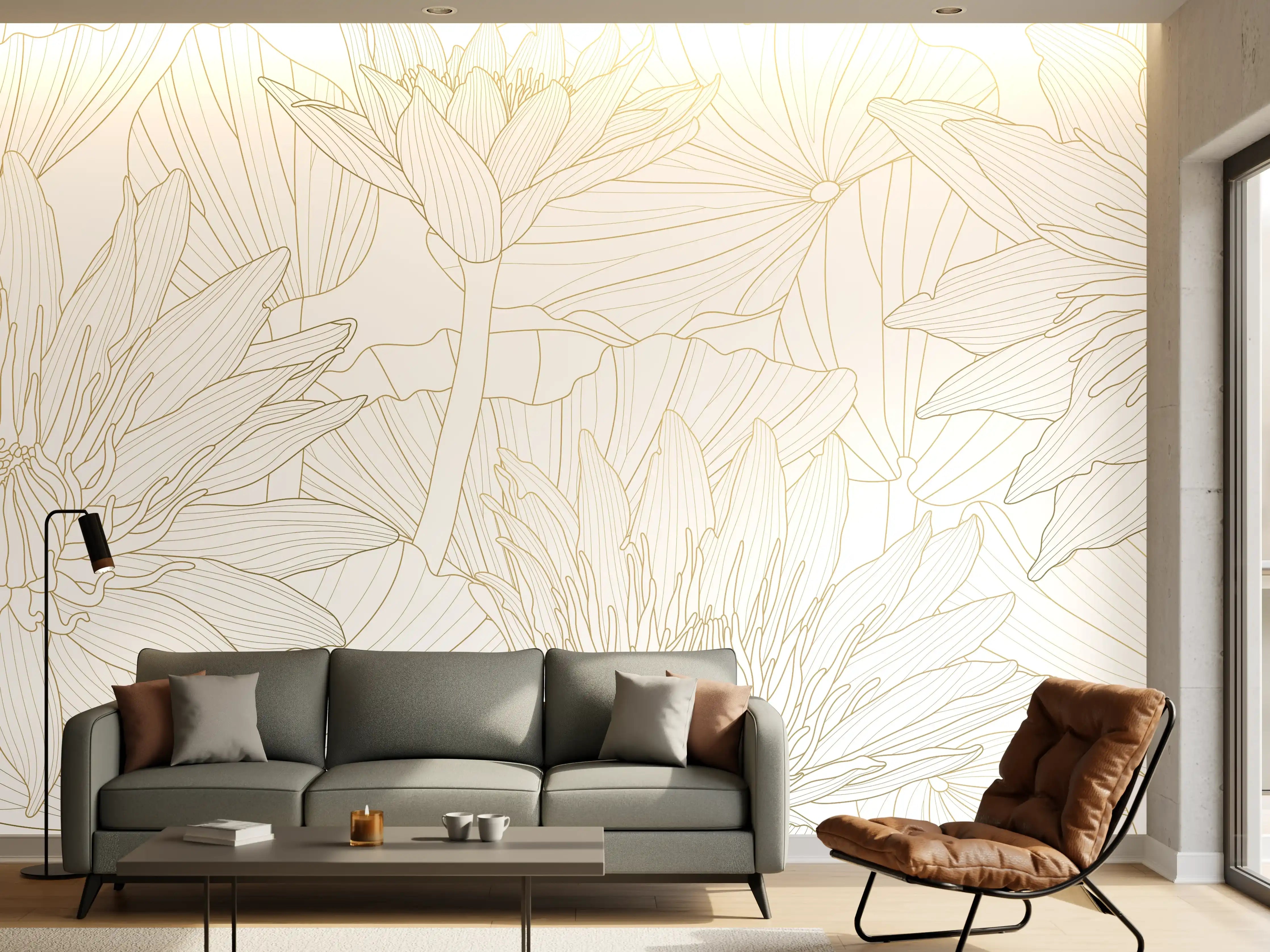 Wandverkleidung Wohnzimmer - Weißes Floral-Linien Kunstwerk