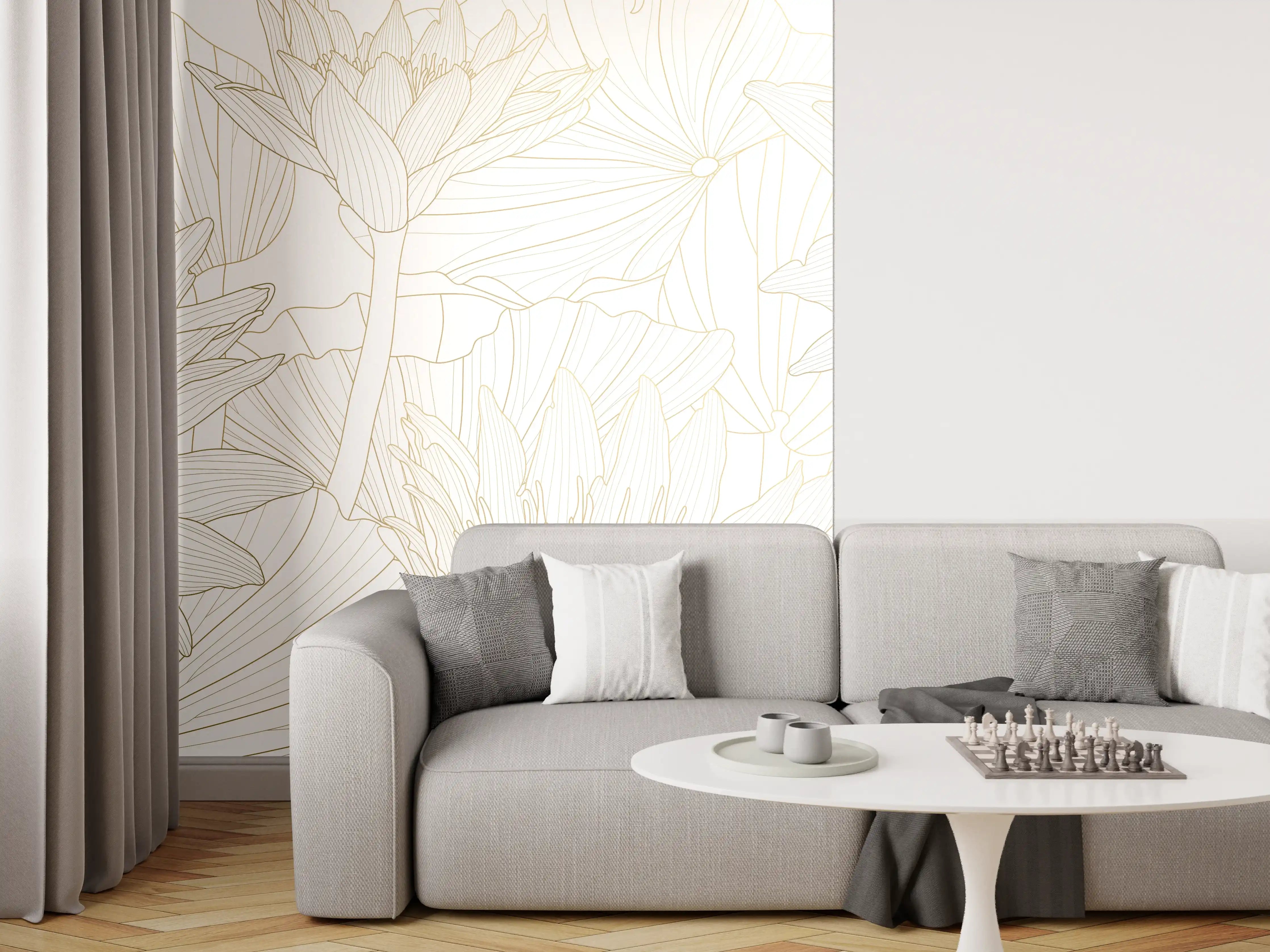 Wandverkleidung Wohnzimmer - Weißes Floral-Linien Kunstwerk