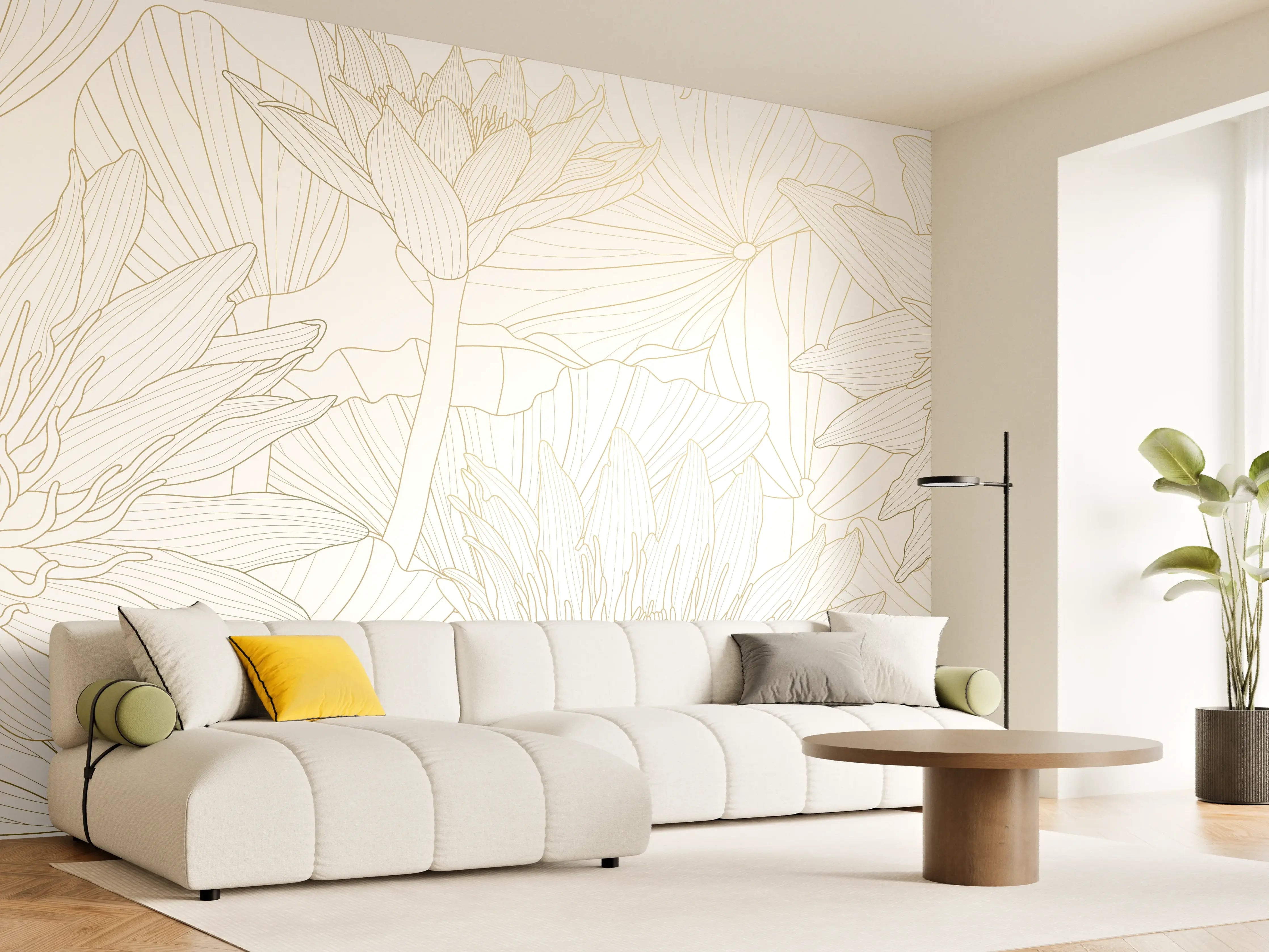 Wandverkleidung Wohnzimmer - Weißes Floral-Linien Kunstwerk