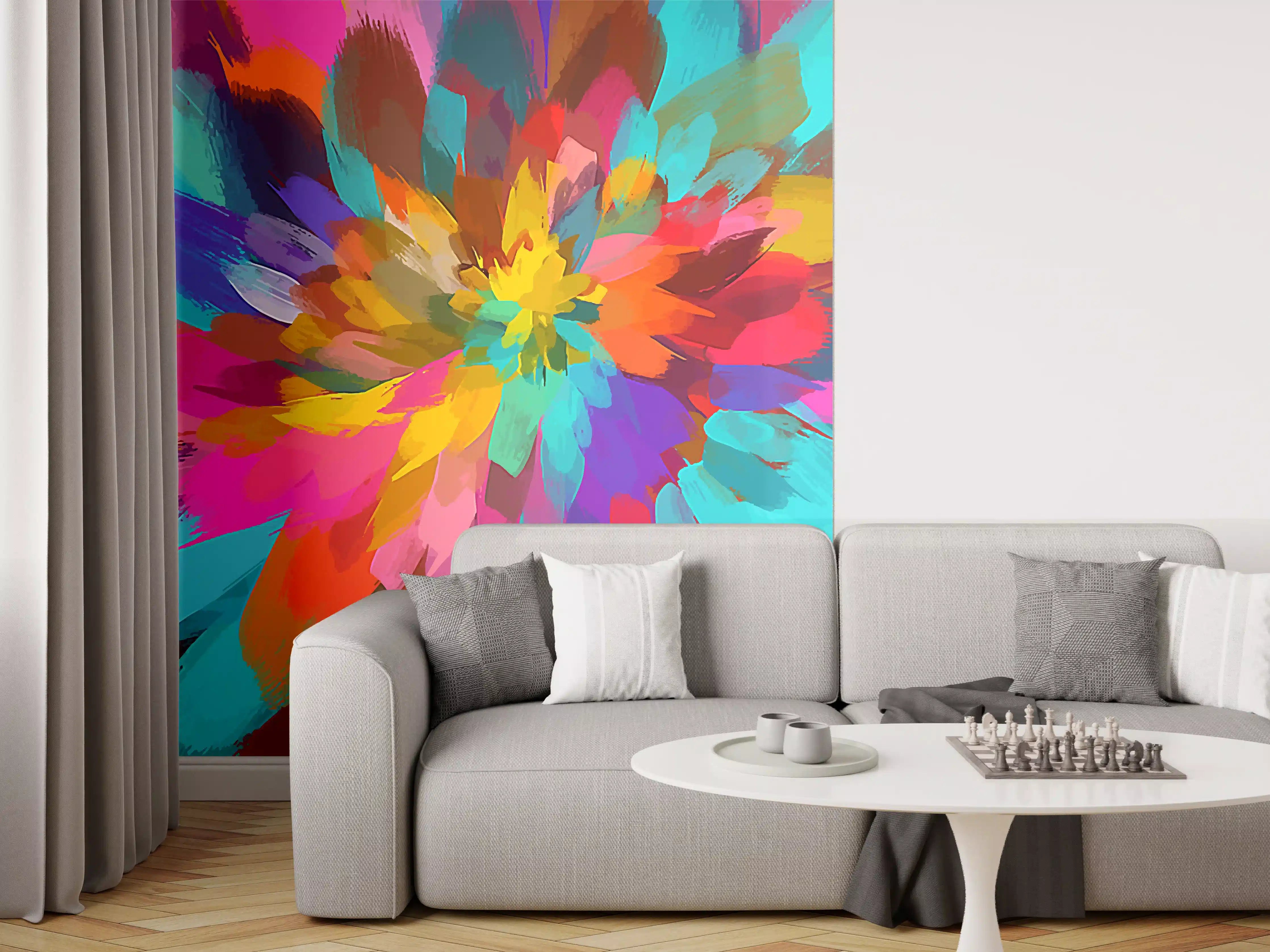 Wandverkleidung Wohnzimmer - Weißes Graugemälde mit bunten Akzenten