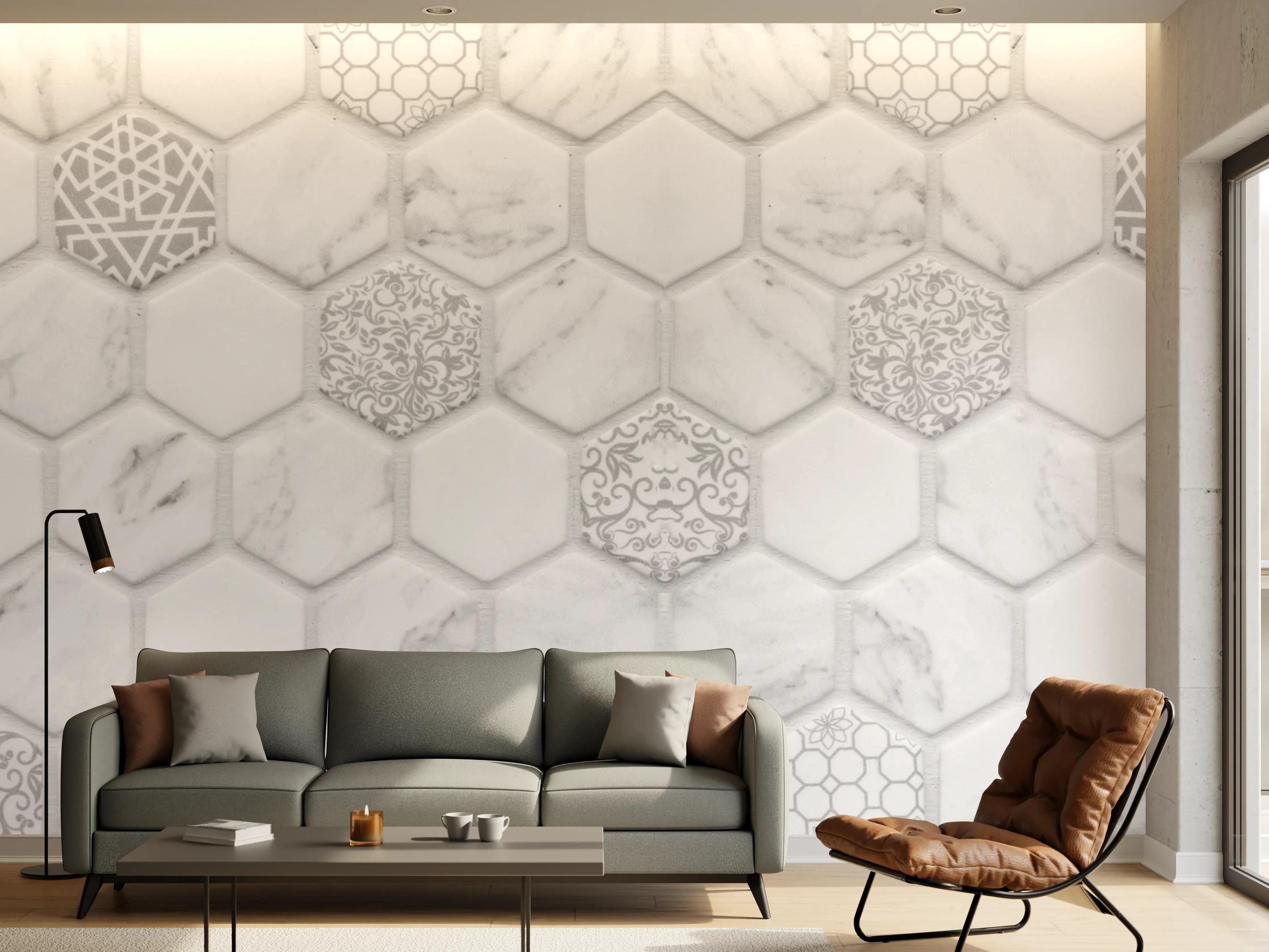 Wandverkleidung Wohnzimmer - Weißes Hexagon-Marmor-Mosaik