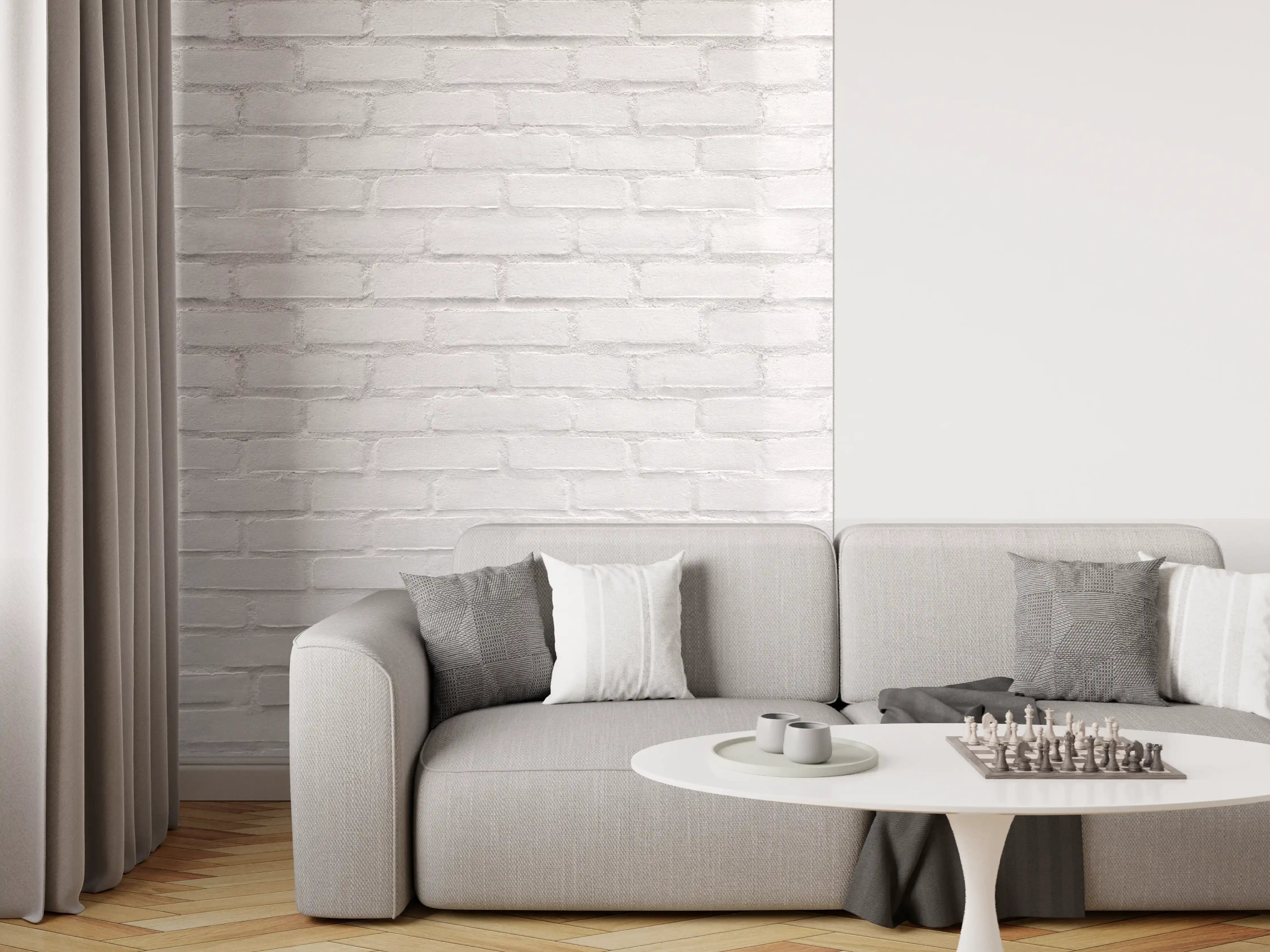 Wandverkleidung Wohnzimmer - Weißliche Ziegelwand