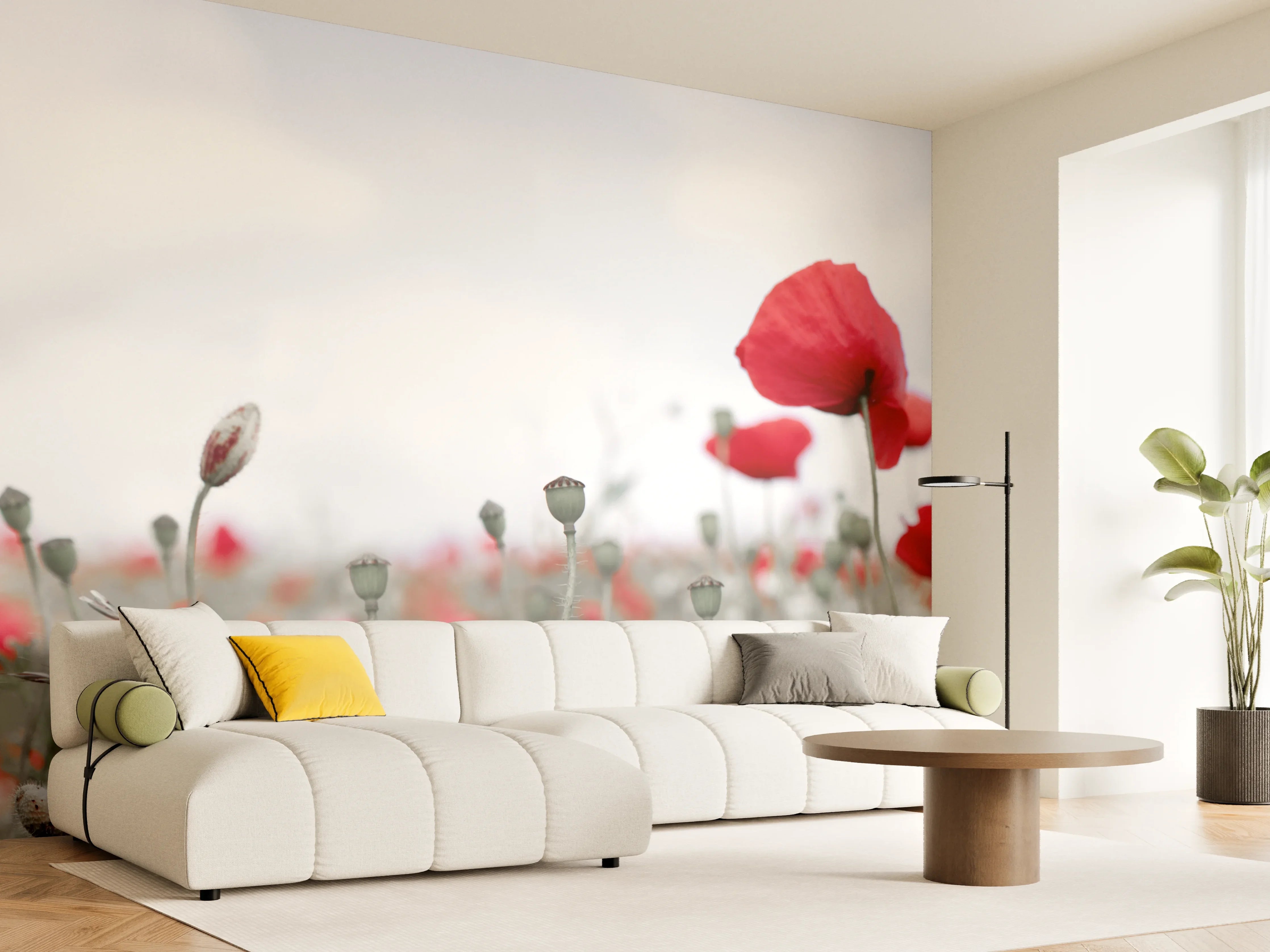 Wandverkleidung Wohnzimmer - Weites rotes Mohnfeld Panorama