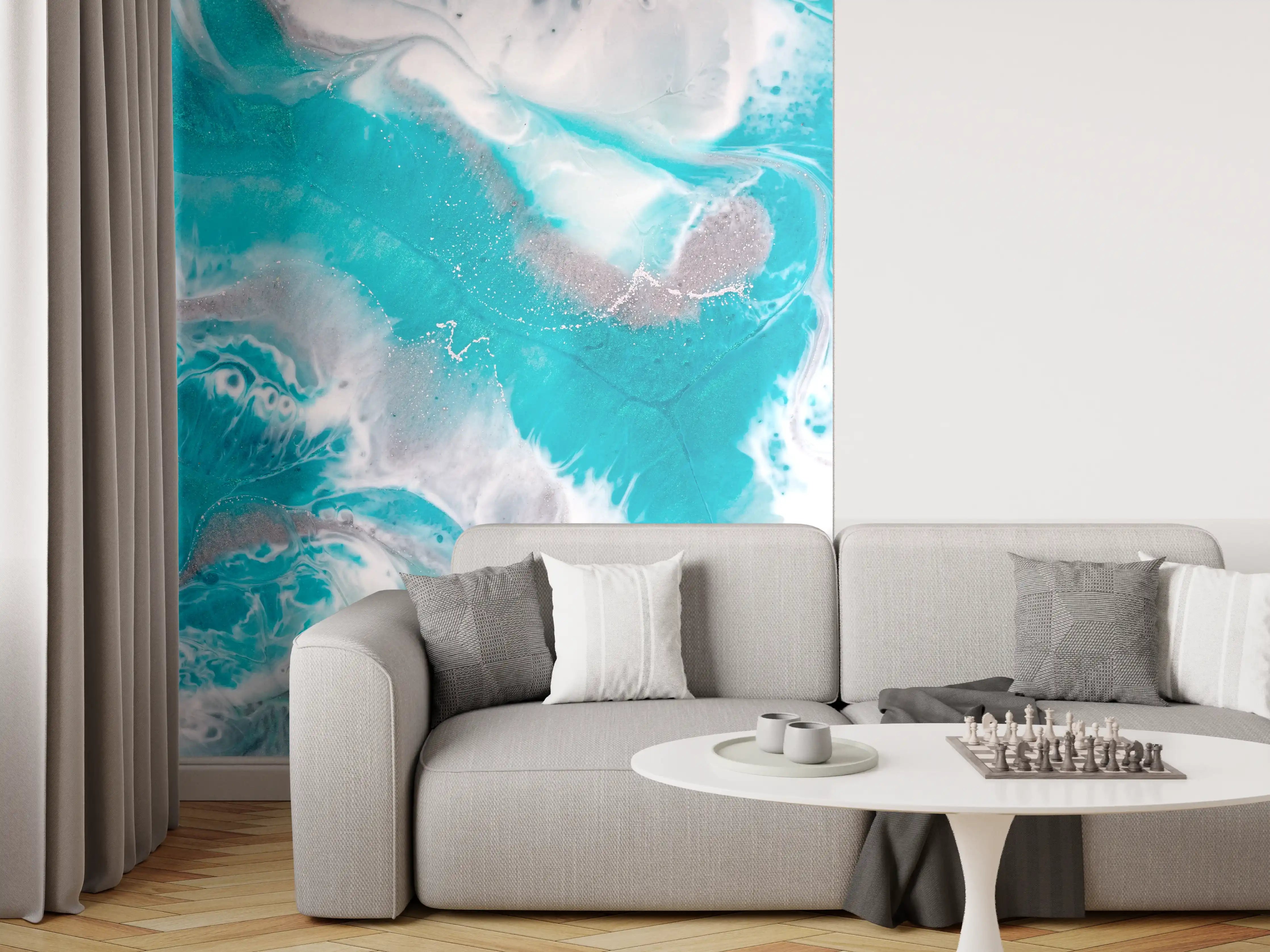 Wandverkleidung Wohnzimmer - Wellenartige Muster in Blau und Weiß