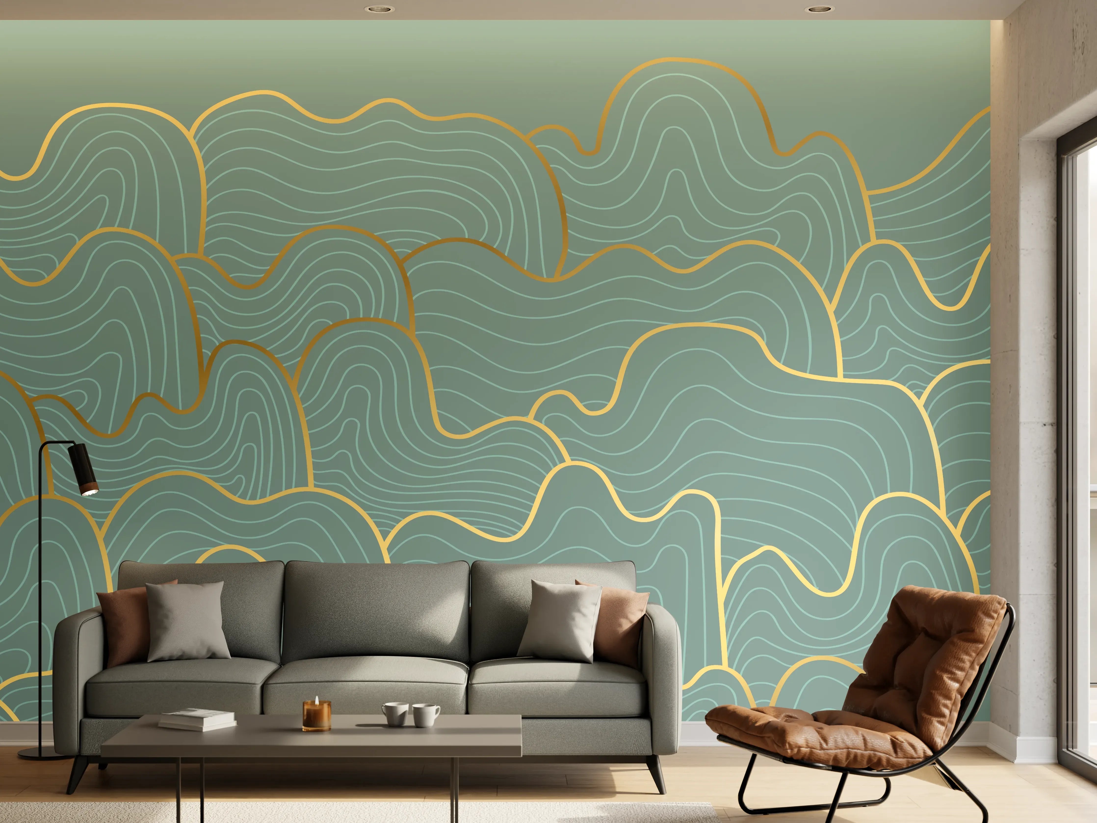Wandverkleidung Wohnzimmer - Wellenmuster Blau-Gold