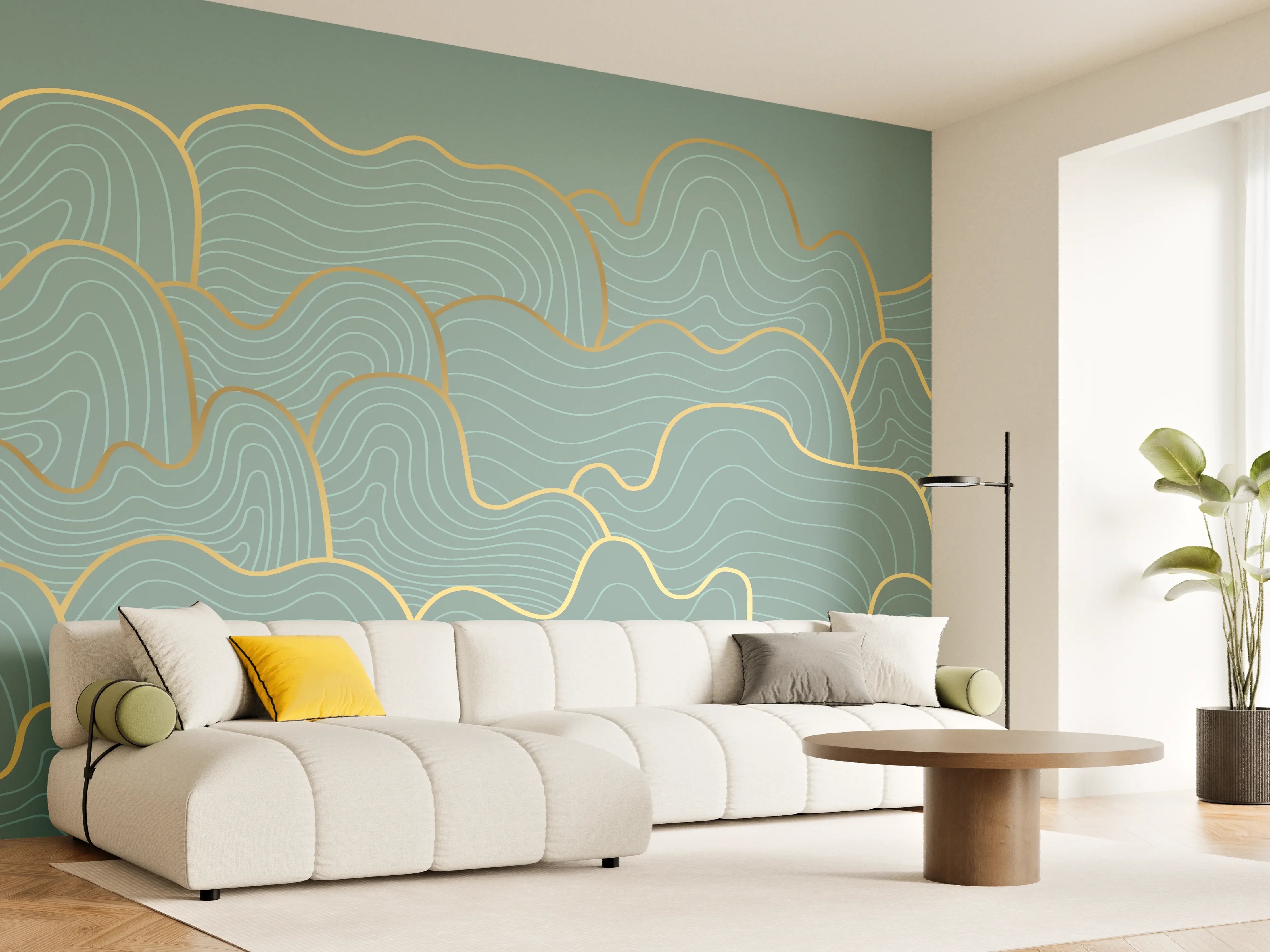 Wandverkleidung Wohnzimmer - Wellenmuster Blau-Gold