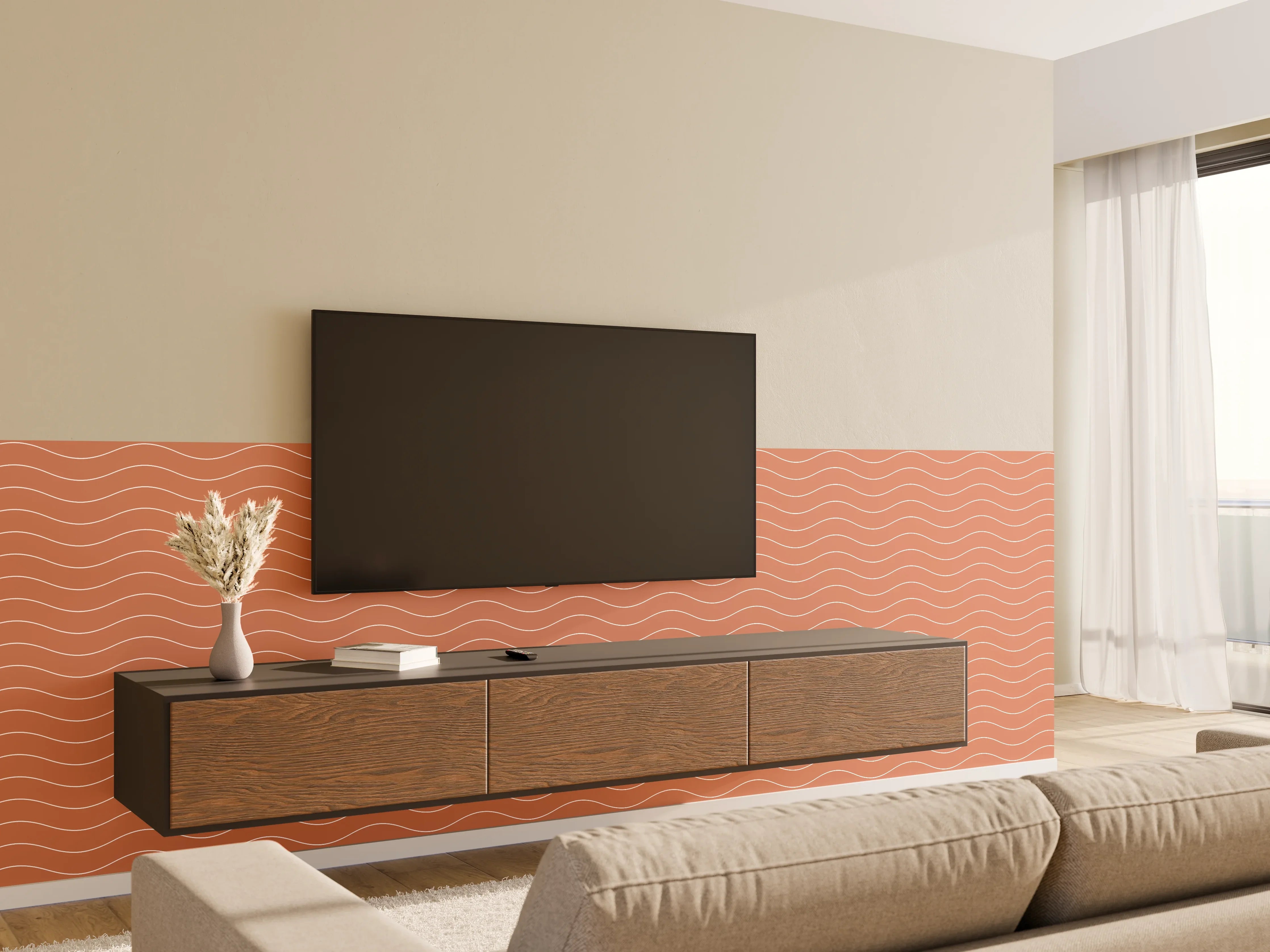 Wandverkleidung Wohnzimmer - Wellenmuster in warmen Braun- und Beigetönen