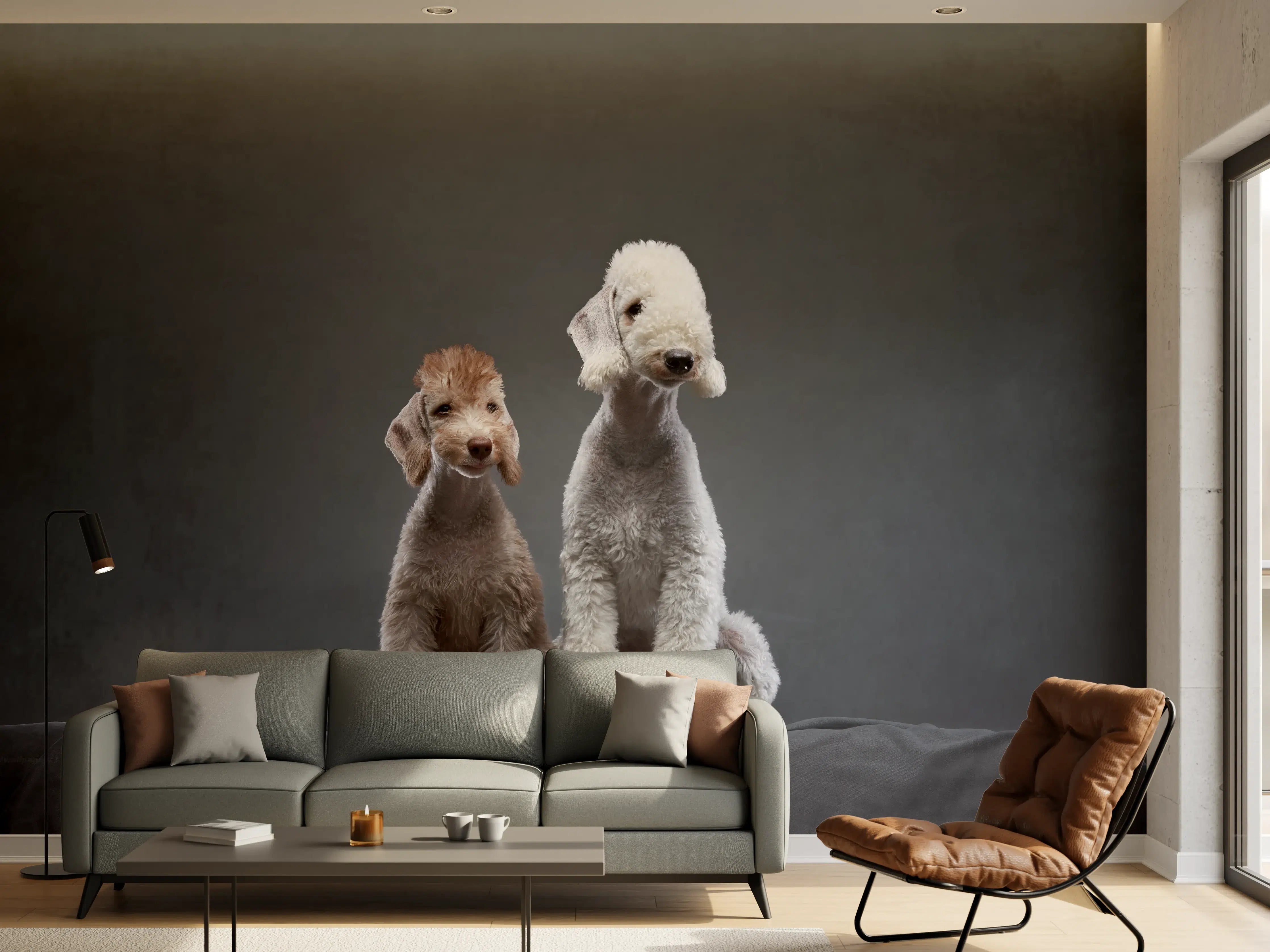 Wandverkleidung Wohnzimmer - Welpe und erwachsener Bedlington Terrier