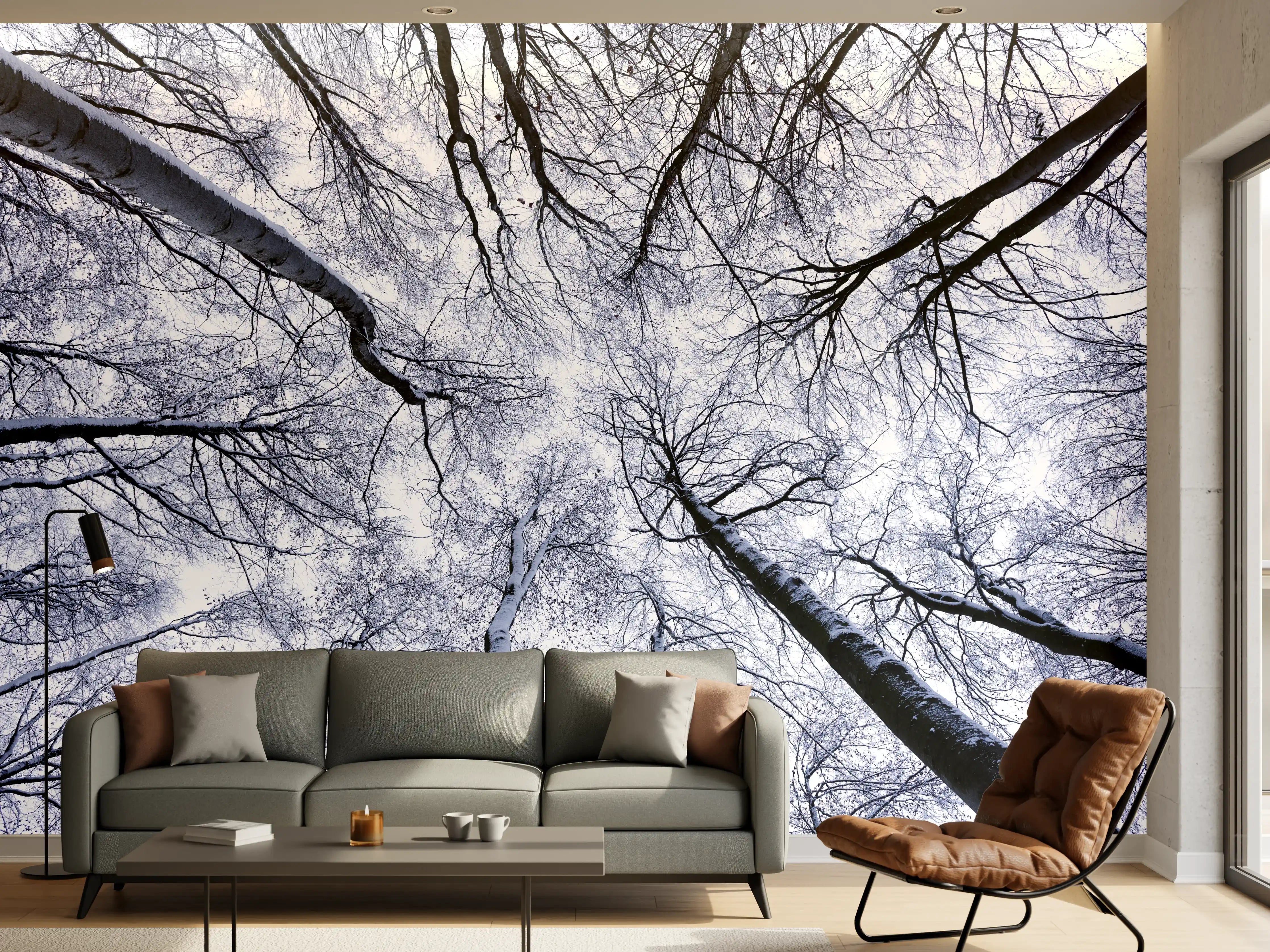 Wandverkleidung Wohnzimmer - Winterliche Baumkrone in Schneelandschaft