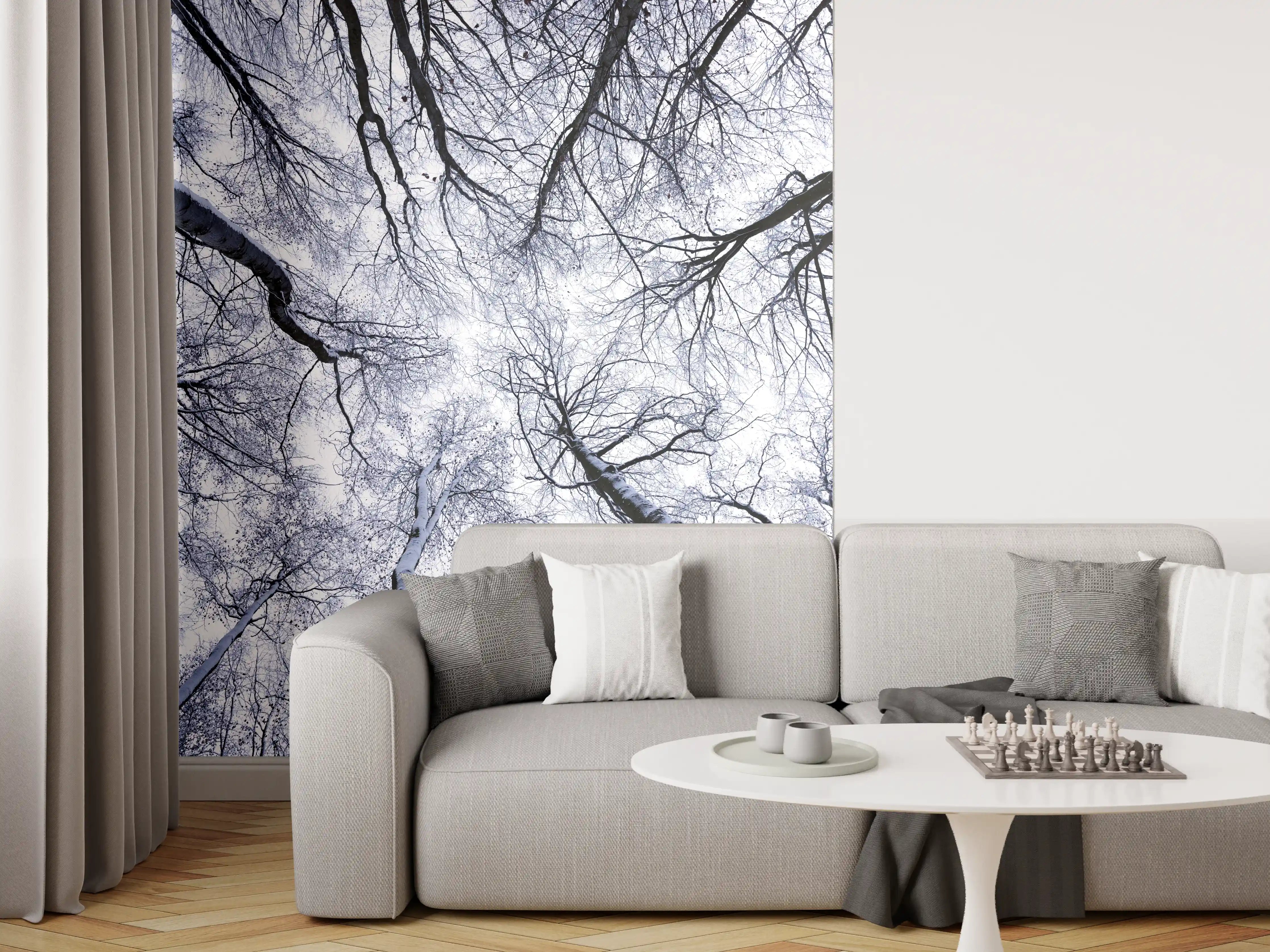 Wandverkleidung Wohnzimmer - Winterliche Baumkrone in Schneelandschaft