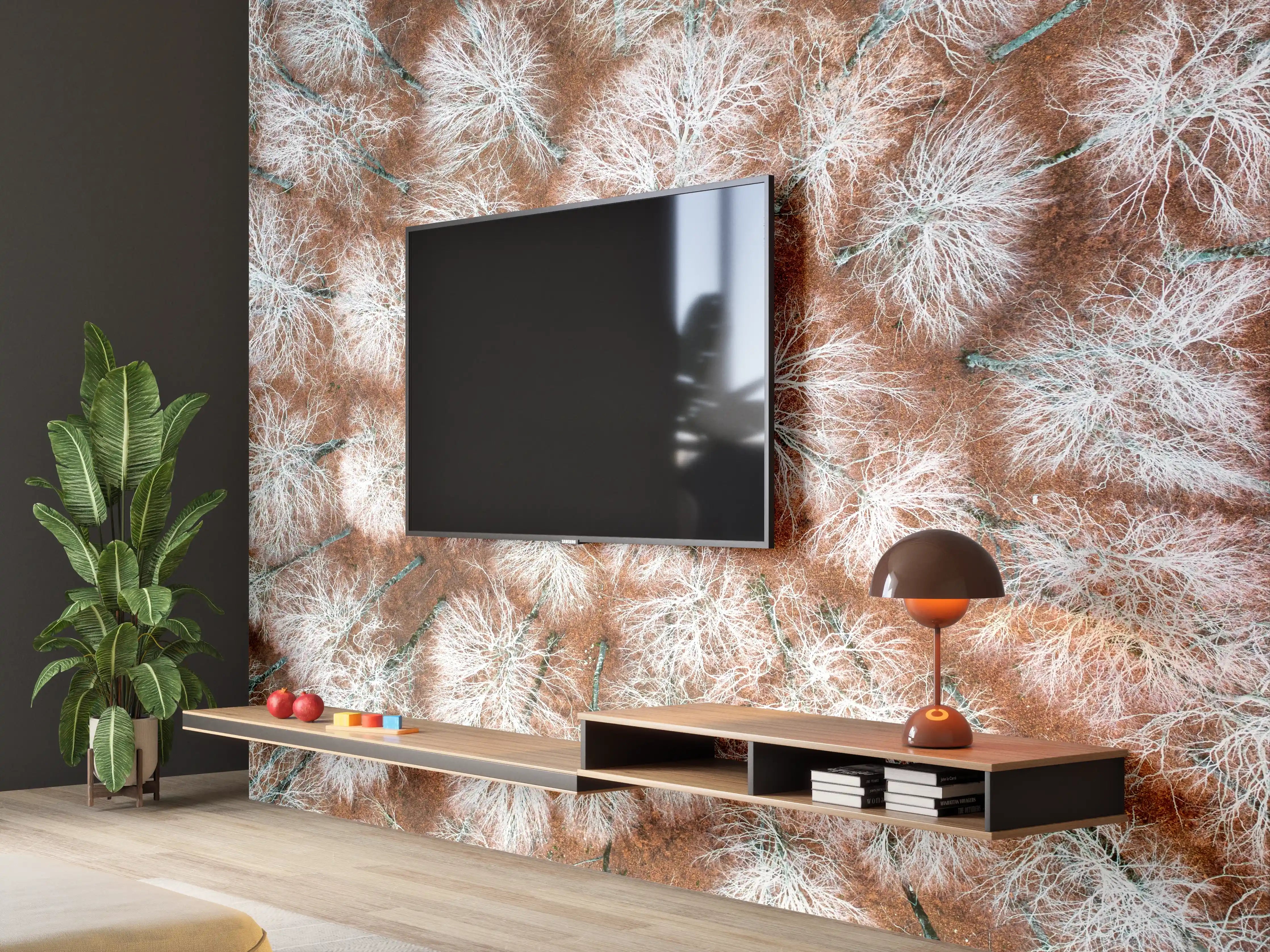 Wandverkleidung Wohnzimmer - Winterliche Baumlandschaft in Naturfarben