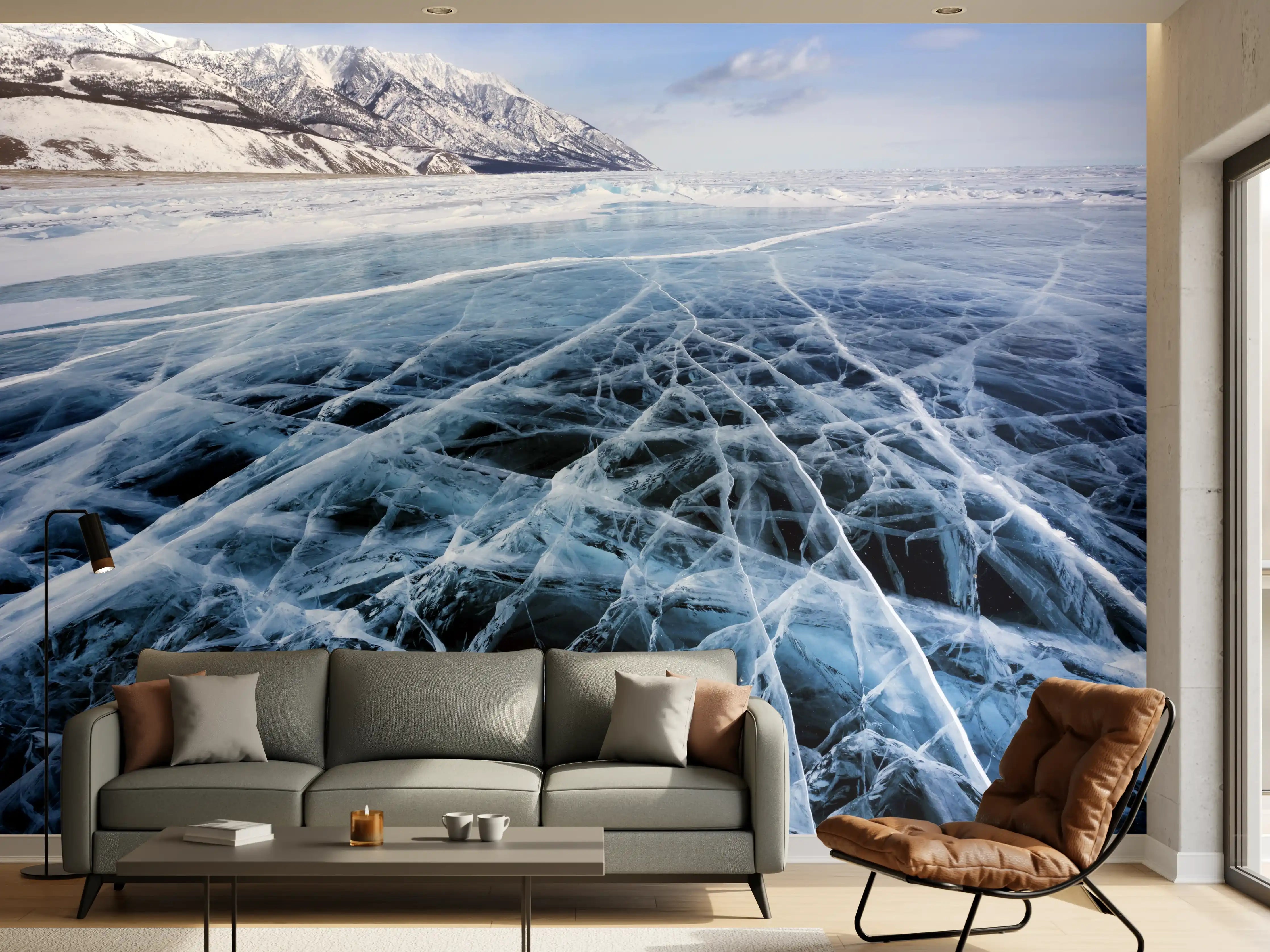 Wandverkleidung Wohnzimmer - Winterliche Eislandschaft mit Bergblick
