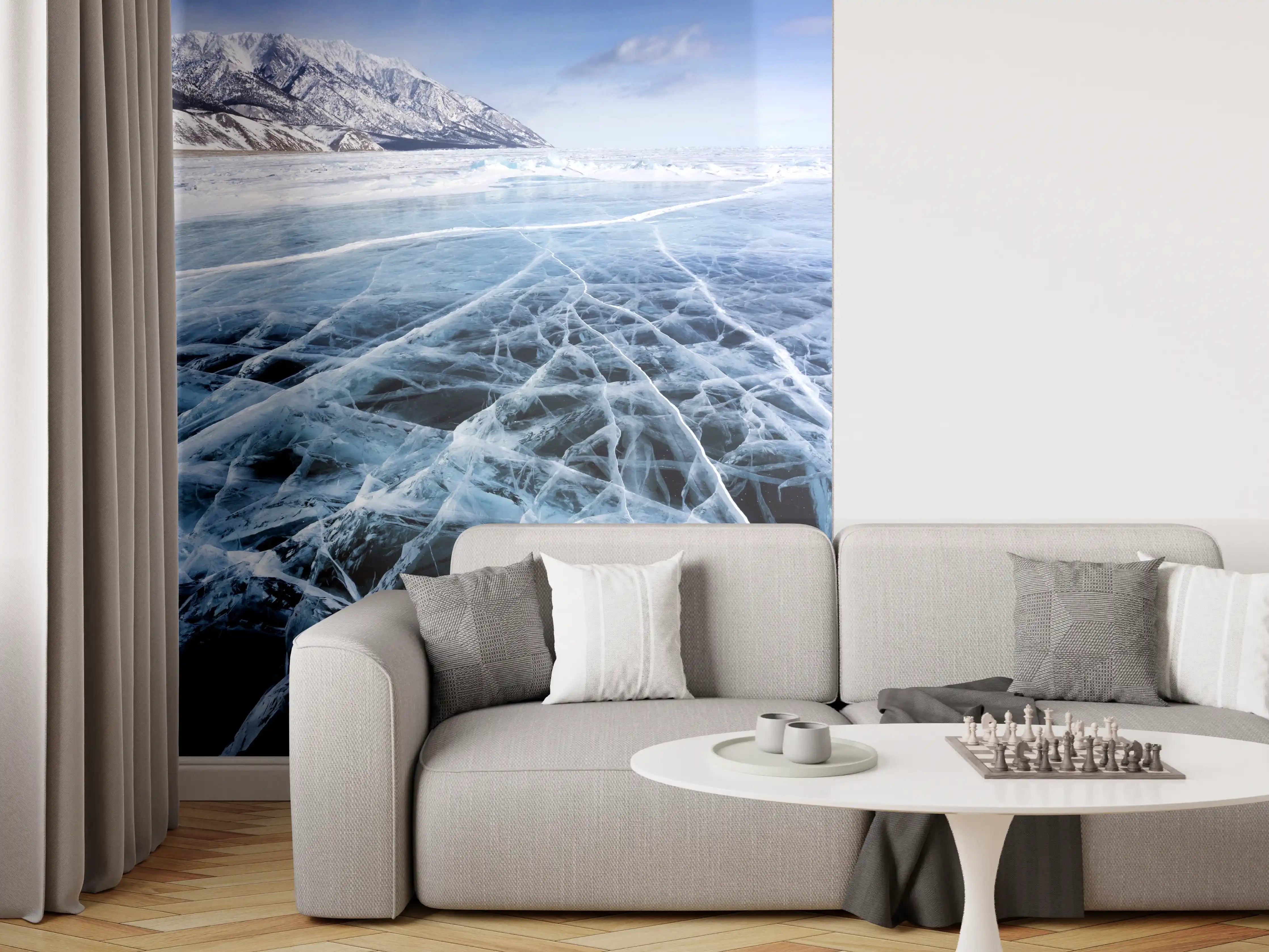 Wandverkleidung Wohnzimmer - Winterliche Eislandschaft mit Bergblick