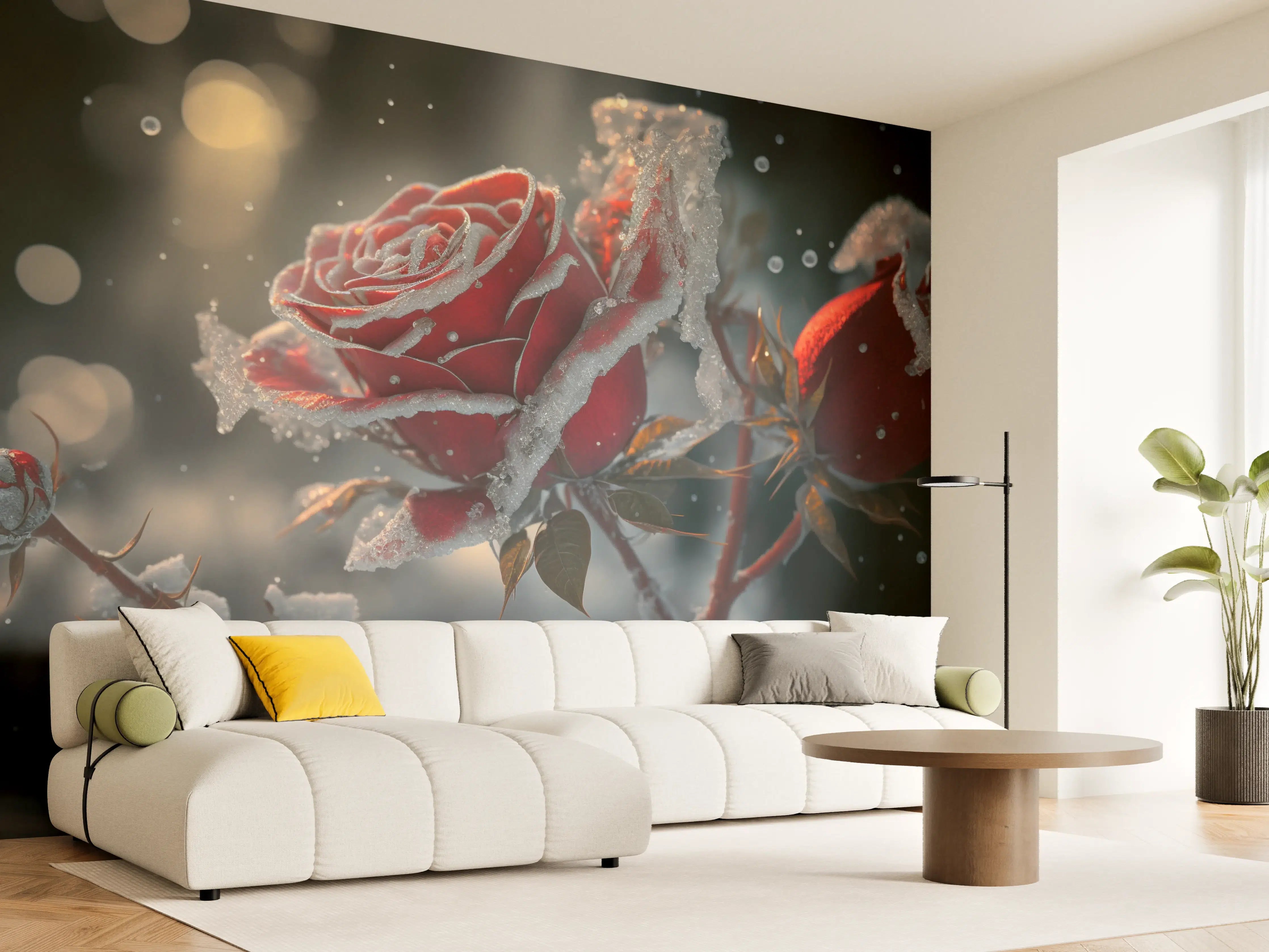 Wandverkleidung Wohnzimmer - Winterliche Rosenträume im Schnee