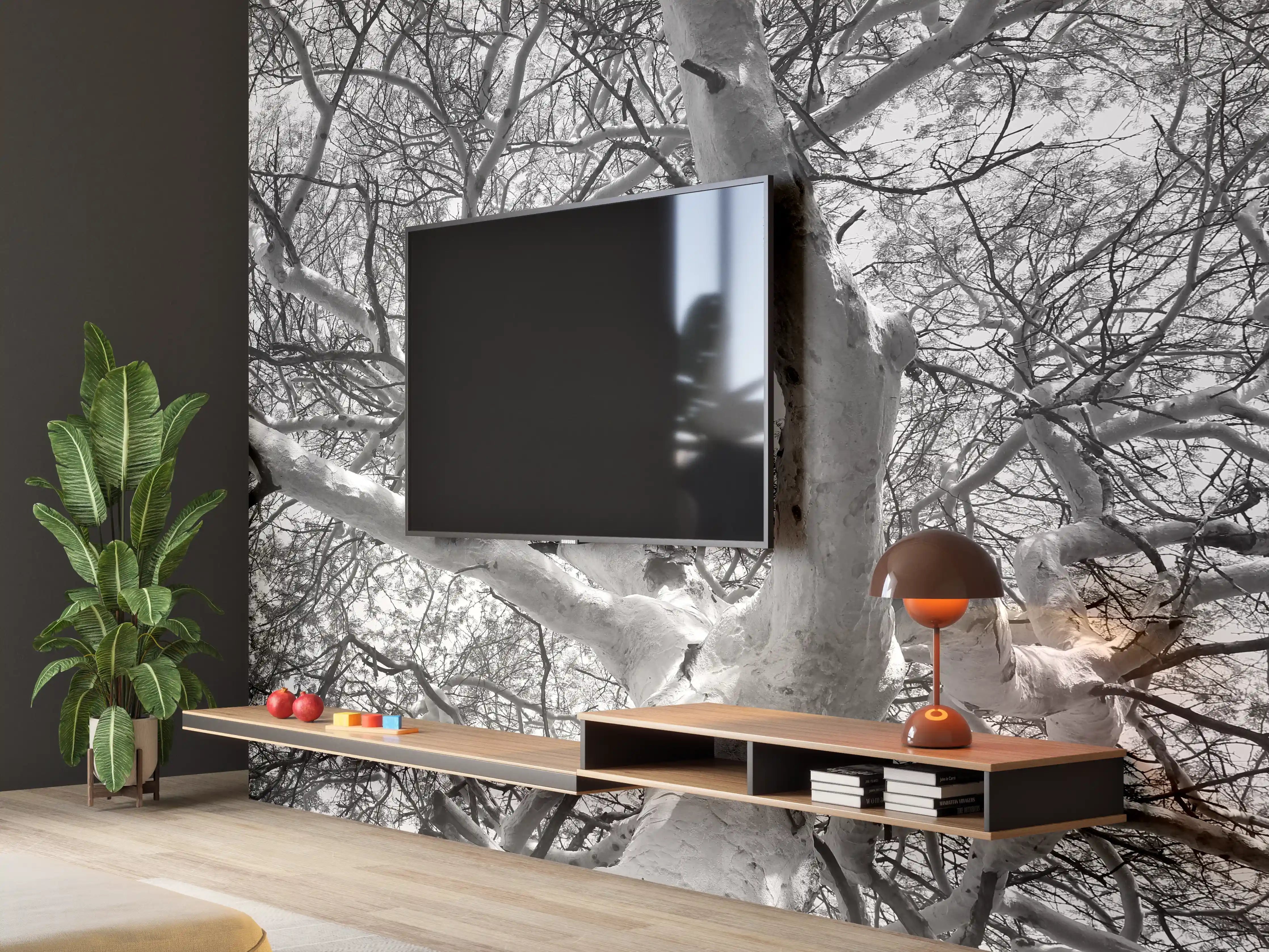 Wandverkleidung Wohnzimmer - Winterlicher Baum in Schneelandschaft