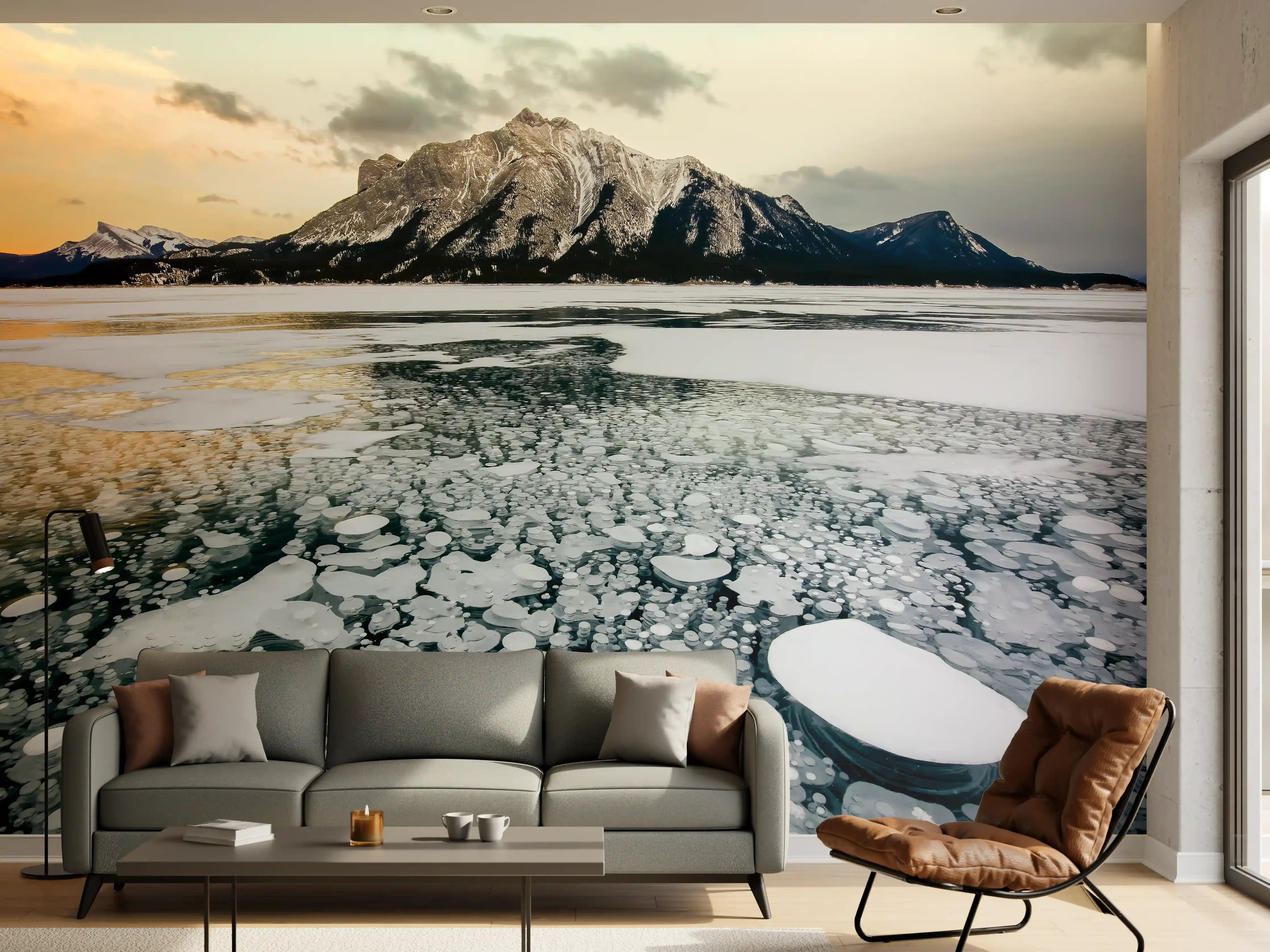 Wandverkleidung Wohnzimmer - Winterlicher See mit Eisblasen