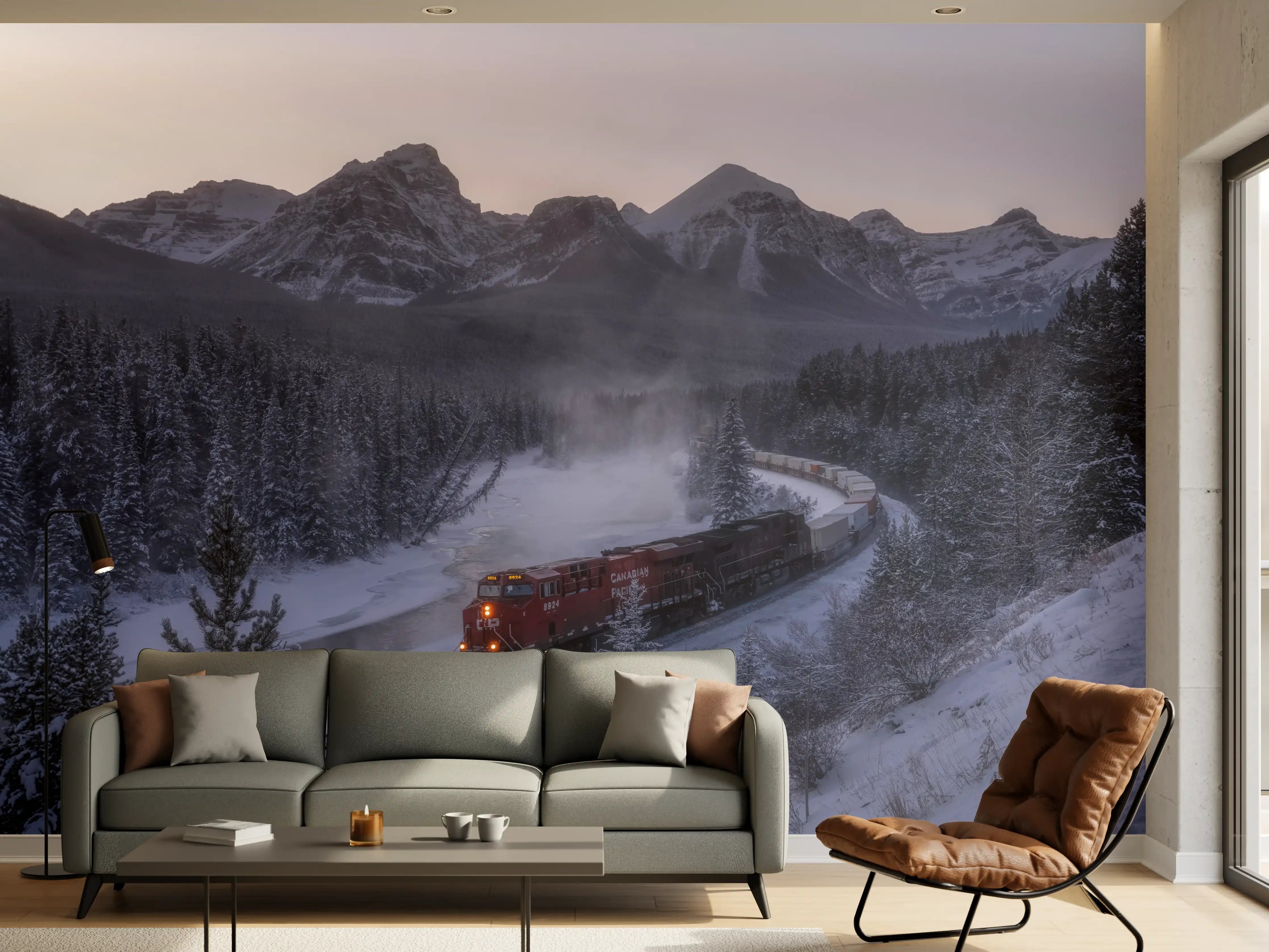 Wandverkleidung Wohnzimmer - Winterzug in Bergkulisse