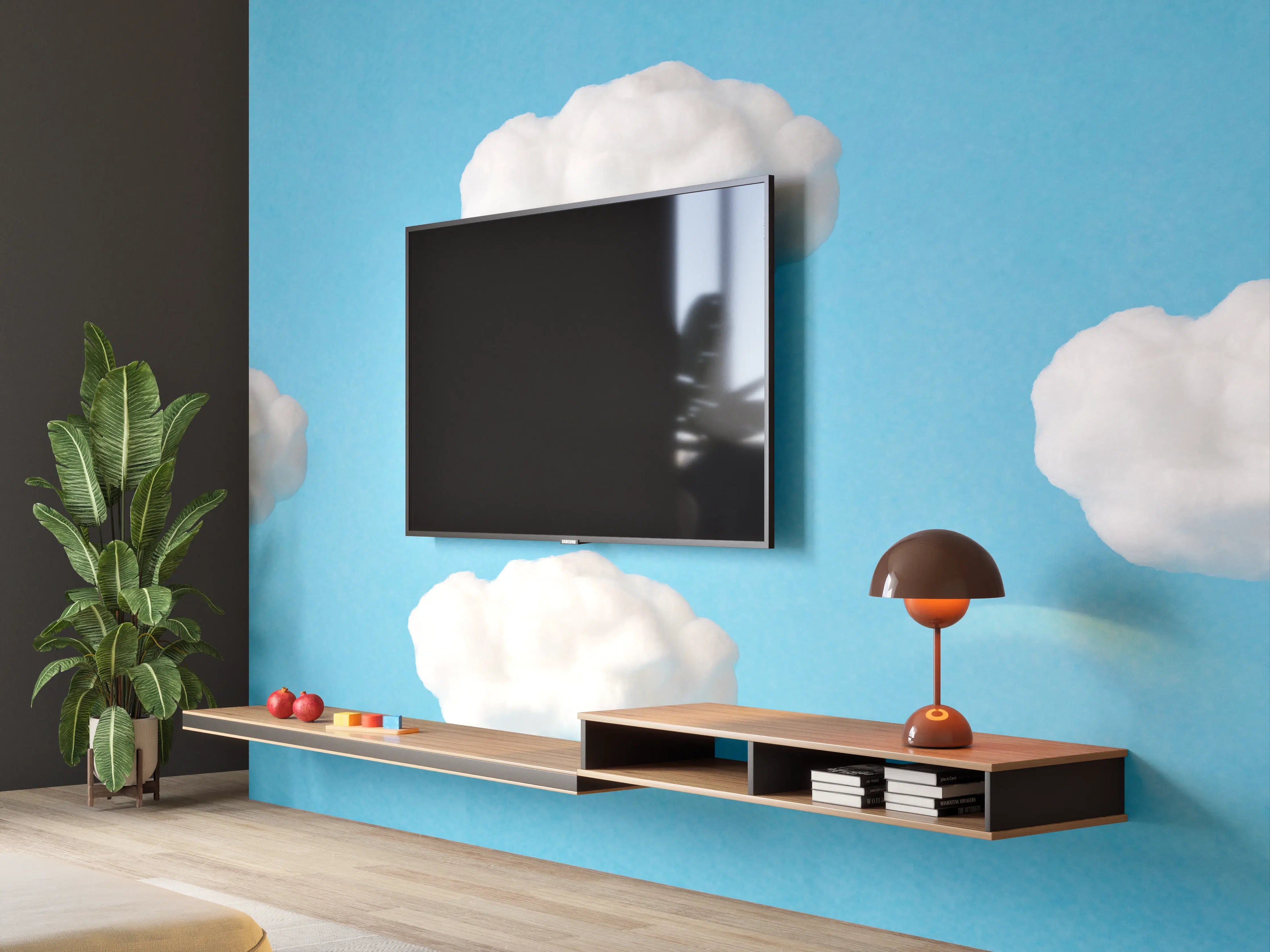 Wandverkleidung Wohnzimmer - Wolke aus Watte auf himmelblauem Hintergrund