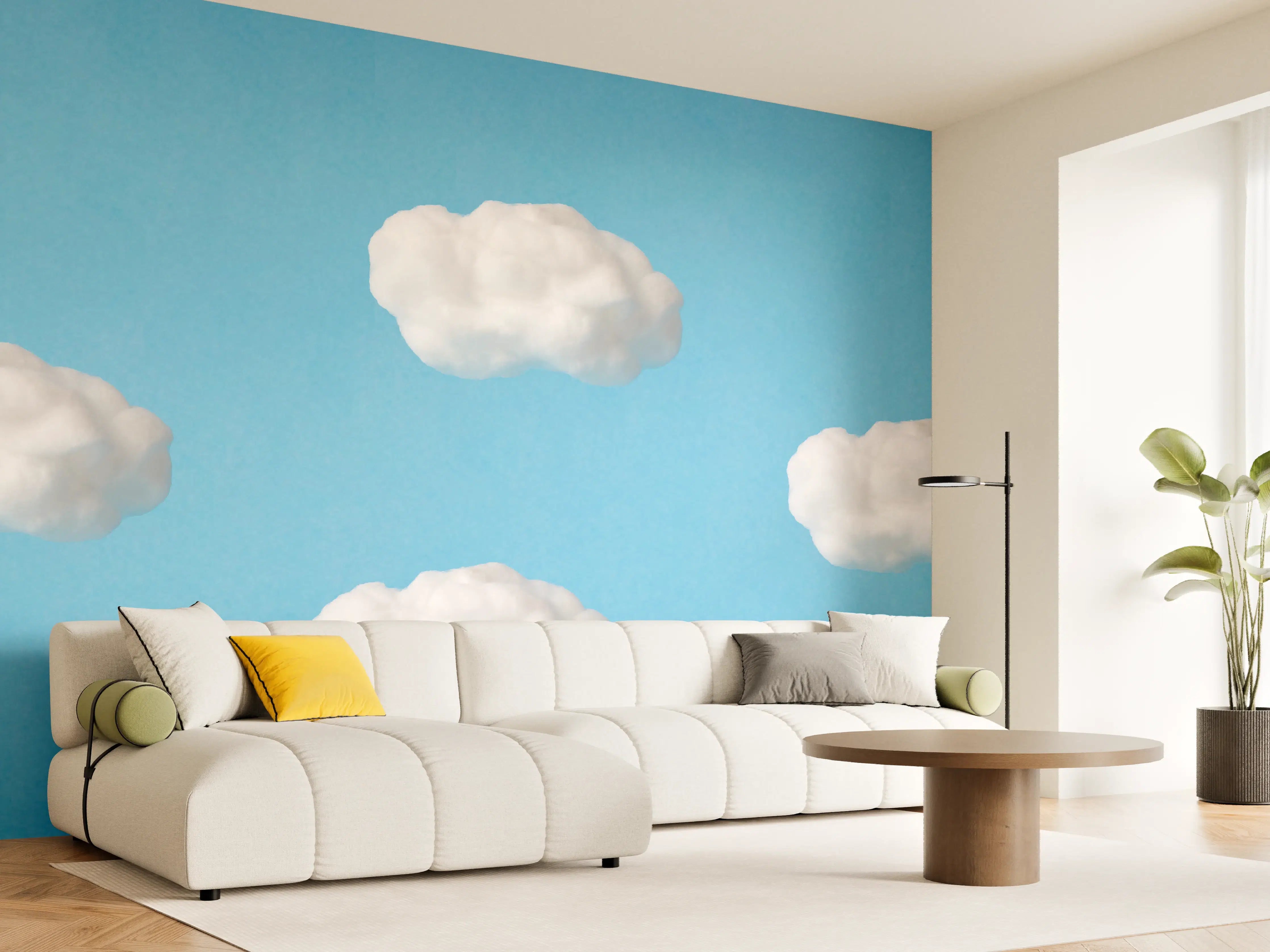 Wandverkleidung Wohnzimmer - Wolke aus Watte auf himmelblauem Hintergrund