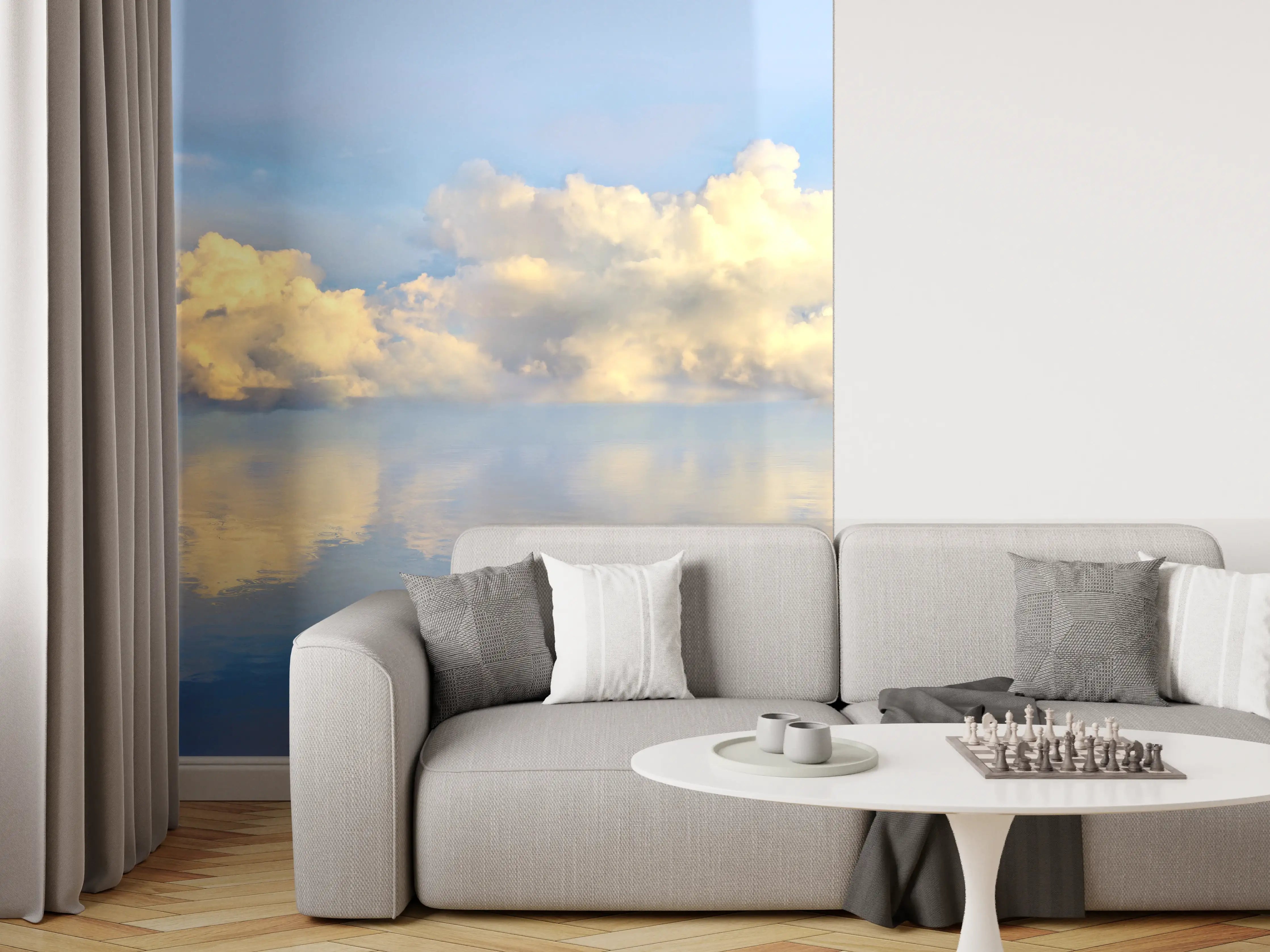 Wandverkleidung Wohnzimmer - Wolkenmeer mit spiegelnder Wasseroberfläche