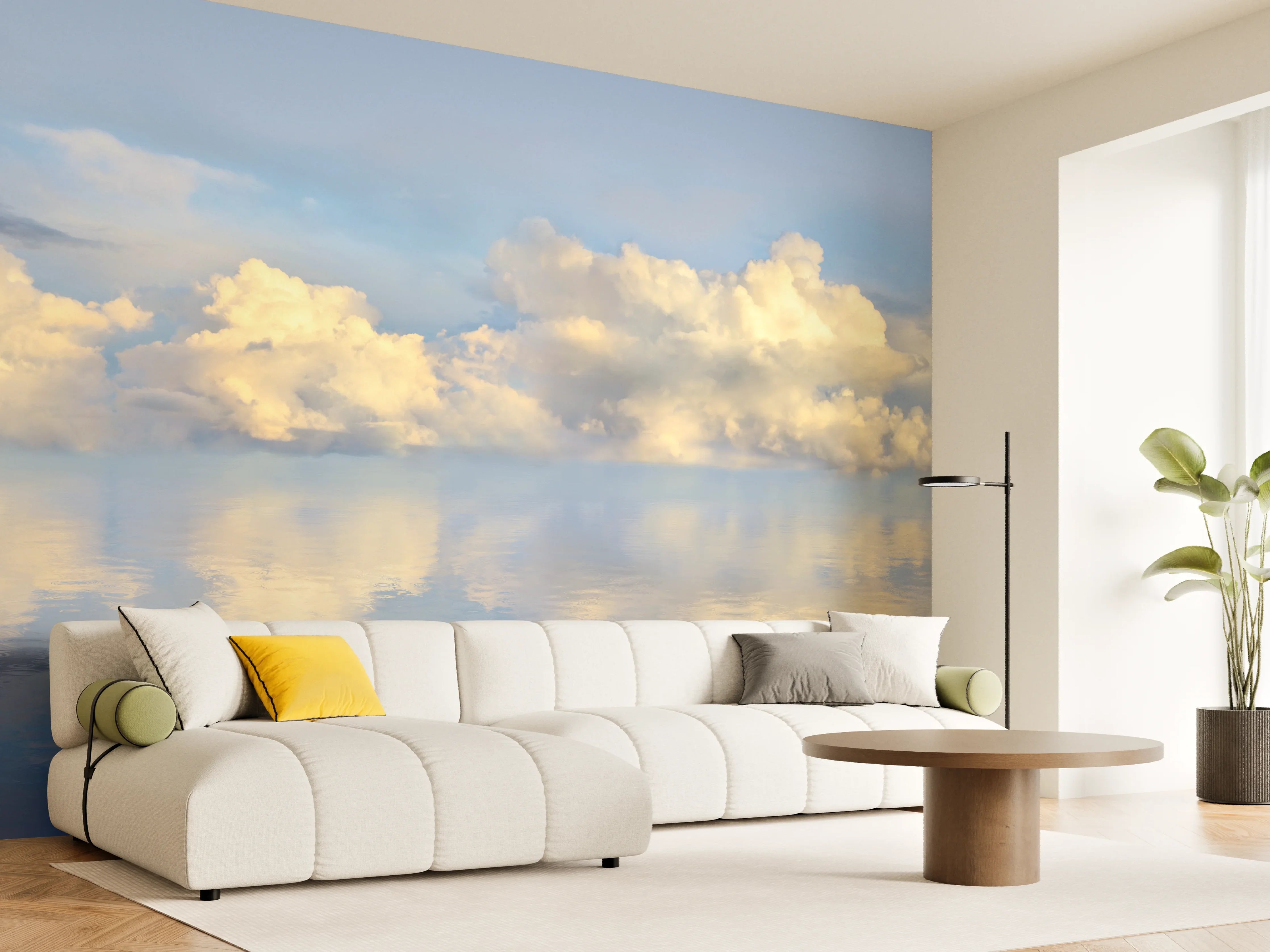 Wandverkleidung Wohnzimmer - Wolkenmeer mit spiegelnder Wasseroberfläche