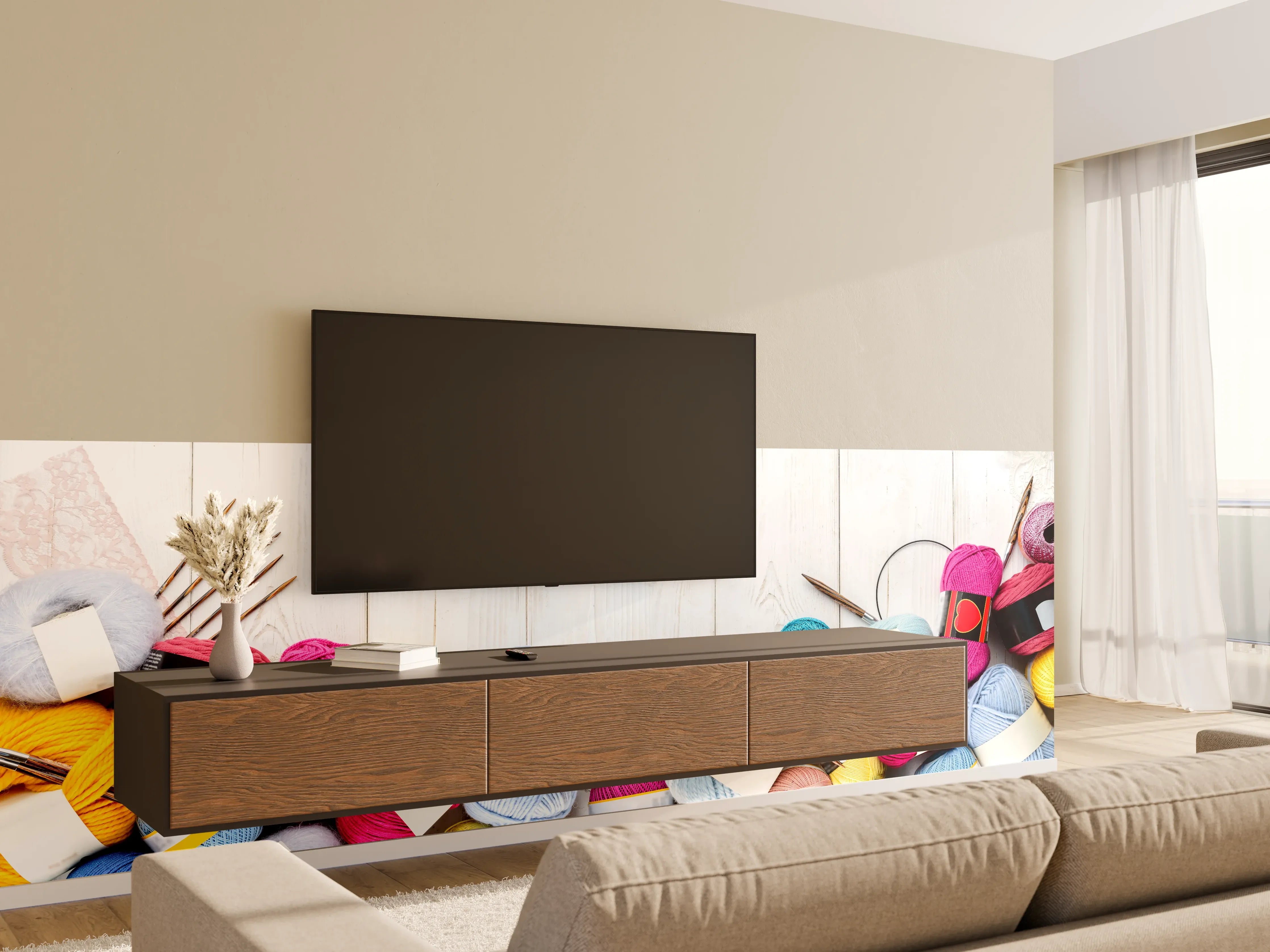 Wandverkleidung Wohnzimmer - Wolle und Stricknadeln auf Holzhintergrund