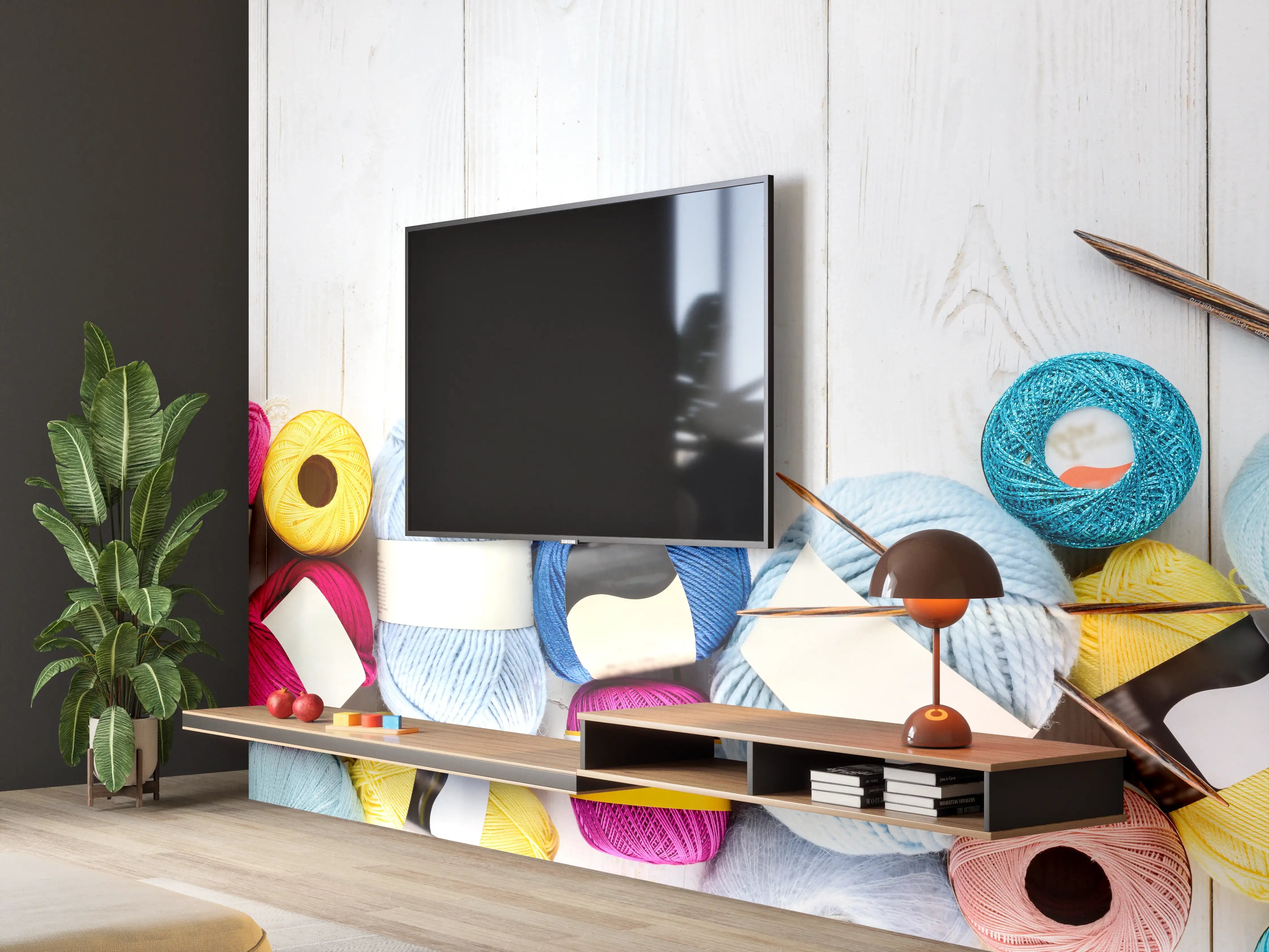 Wandverkleidung Wohnzimmer - Wolle und Stricknadeln auf Holzhintergrund
