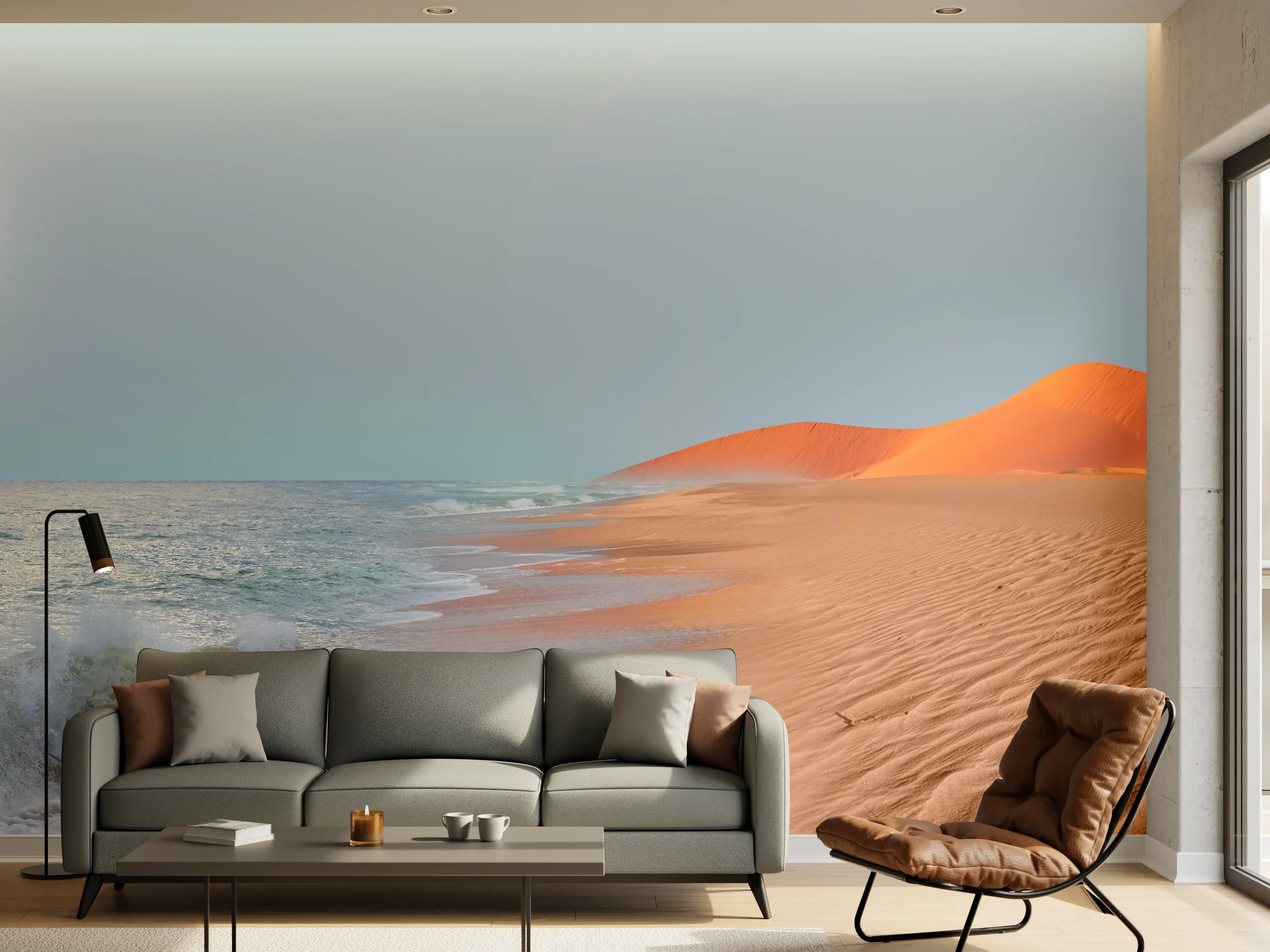 Wandverkleidung Wohnzimmer - Wüstenstrand bei Sonnenaufgang
