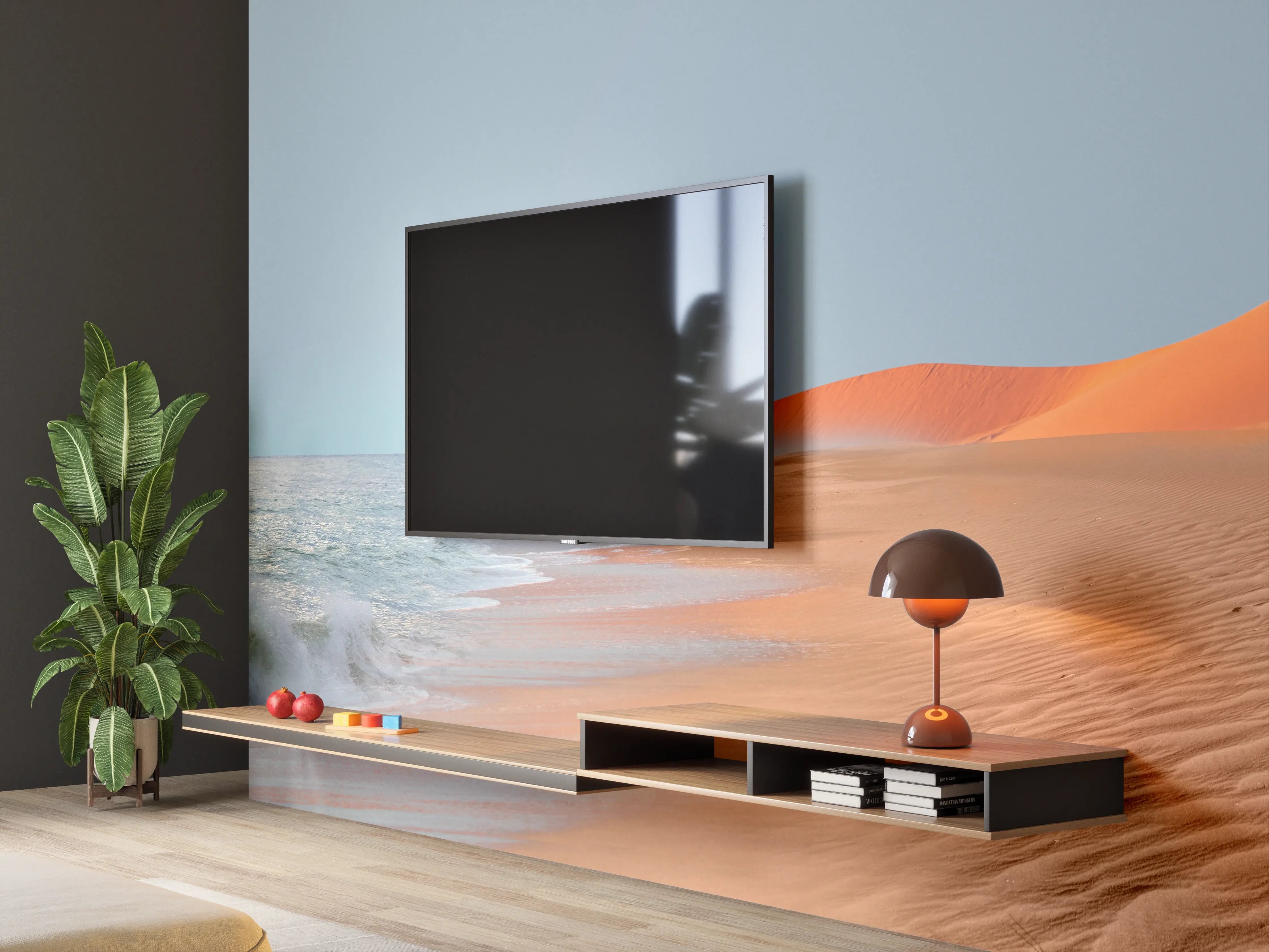 Wandverkleidung Wohnzimmer - Wüstenstrand bei Sonnenaufgang