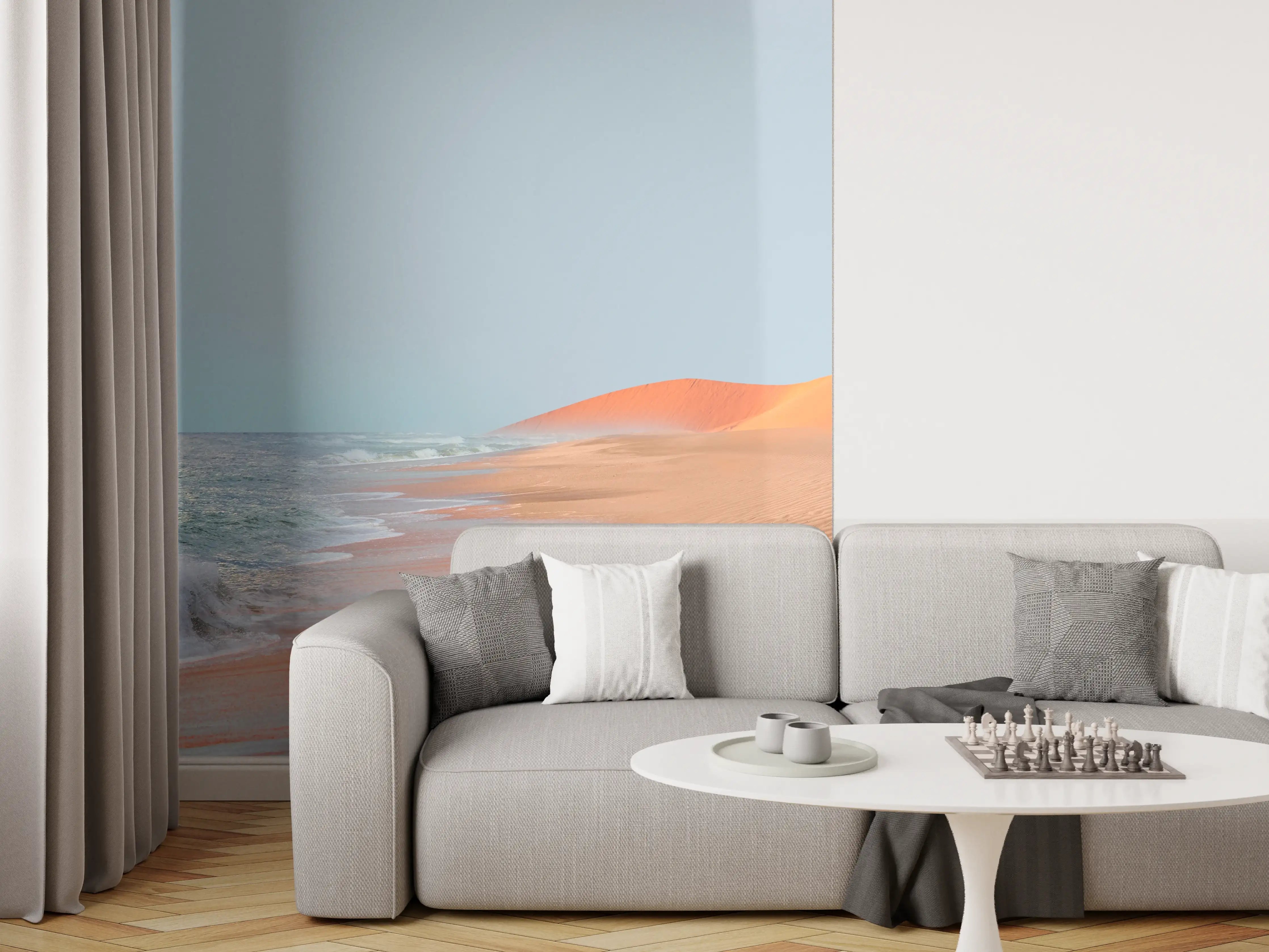 Wandverkleidung Wohnzimmer - Wüstenstrand bei Sonnenaufgang