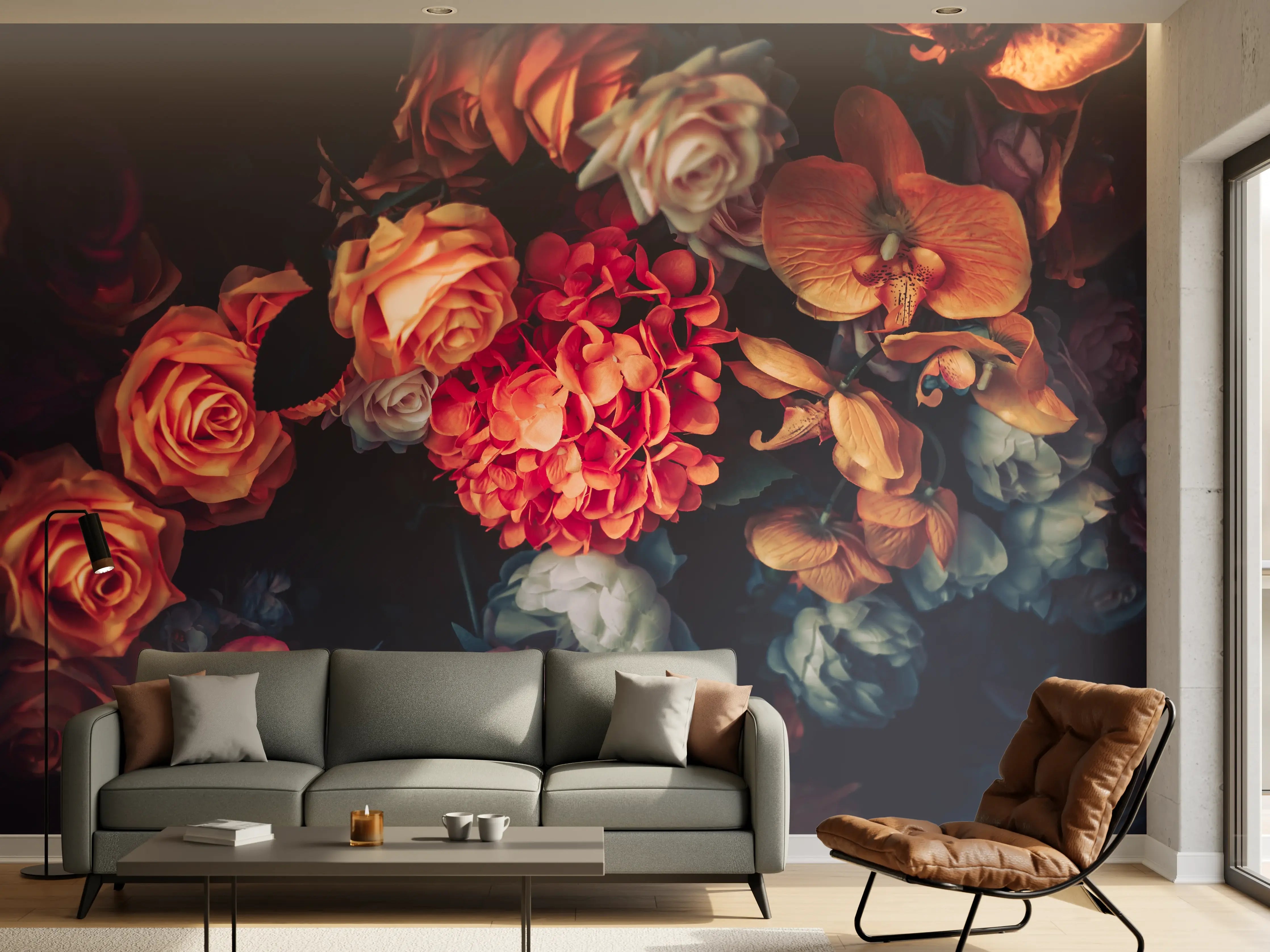 Wandverkleidung Wohnzimmer - Wunderschöne Blumenpracht in dunklem Licht