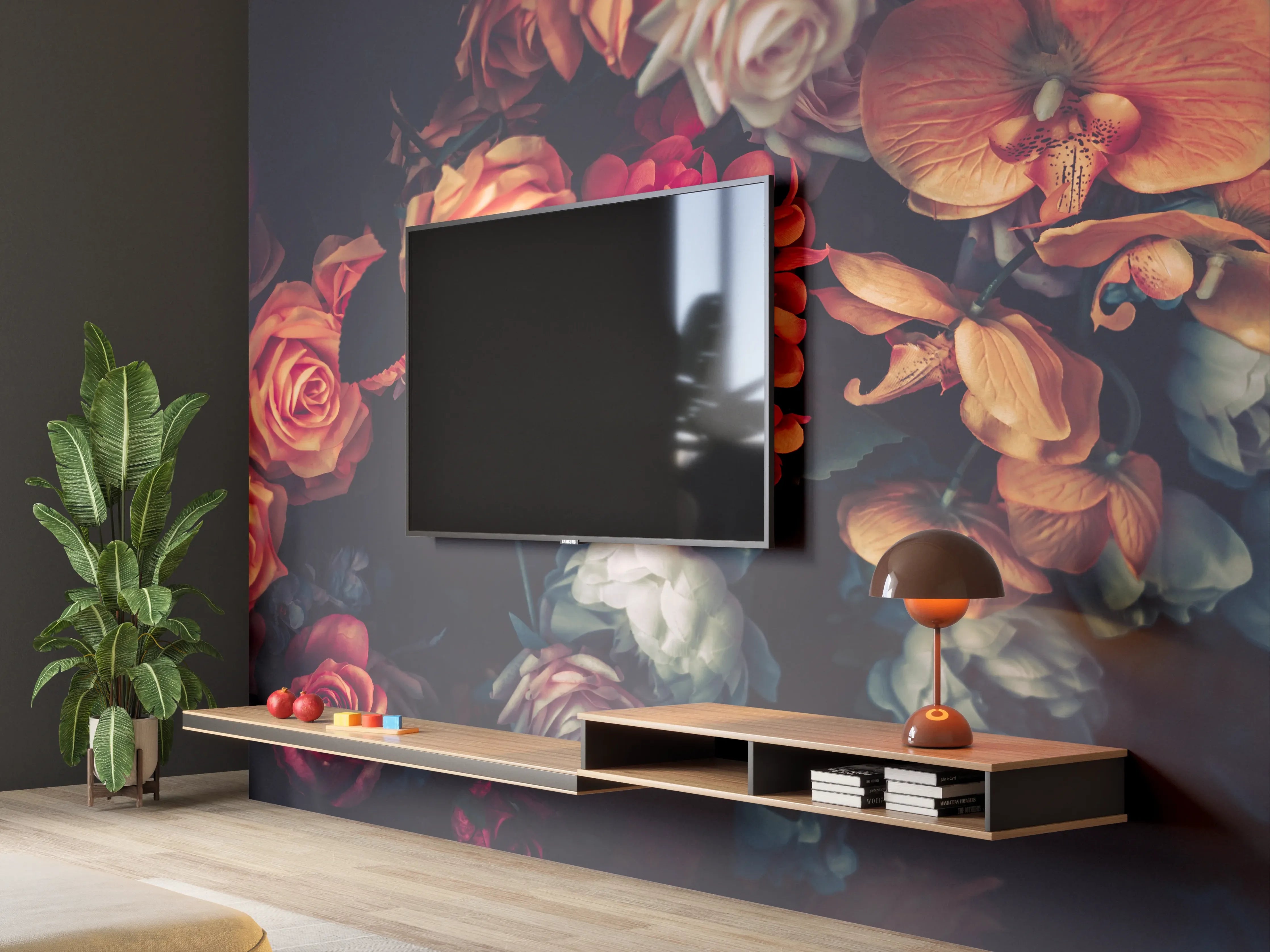 Wandverkleidung Wohnzimmer - Wunderschöne Blumenpracht in dunklem Licht