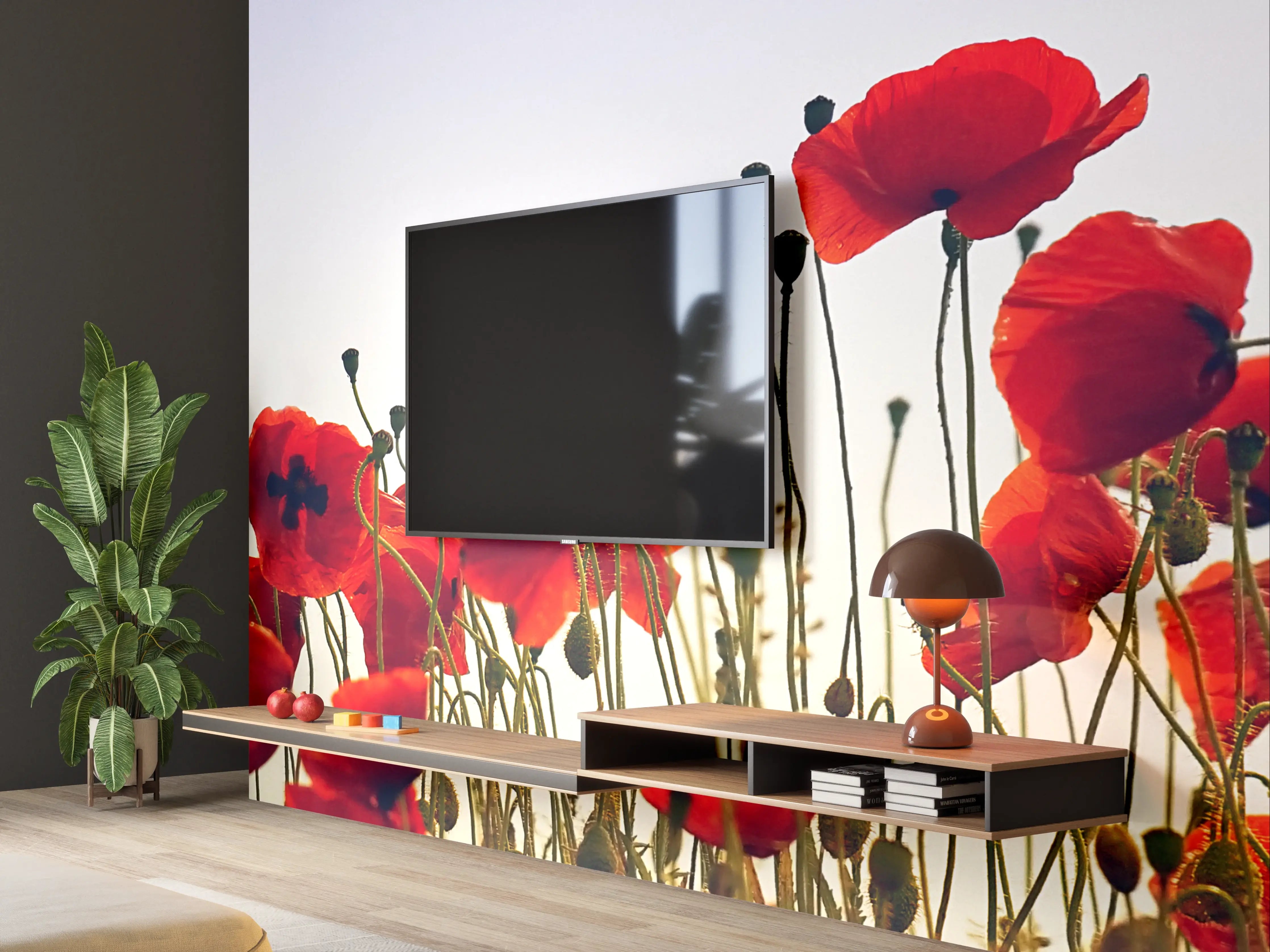 Wandverkleidung Wohnzimmer - Wunderschöne Mohnblumen im Sonnenlicht
