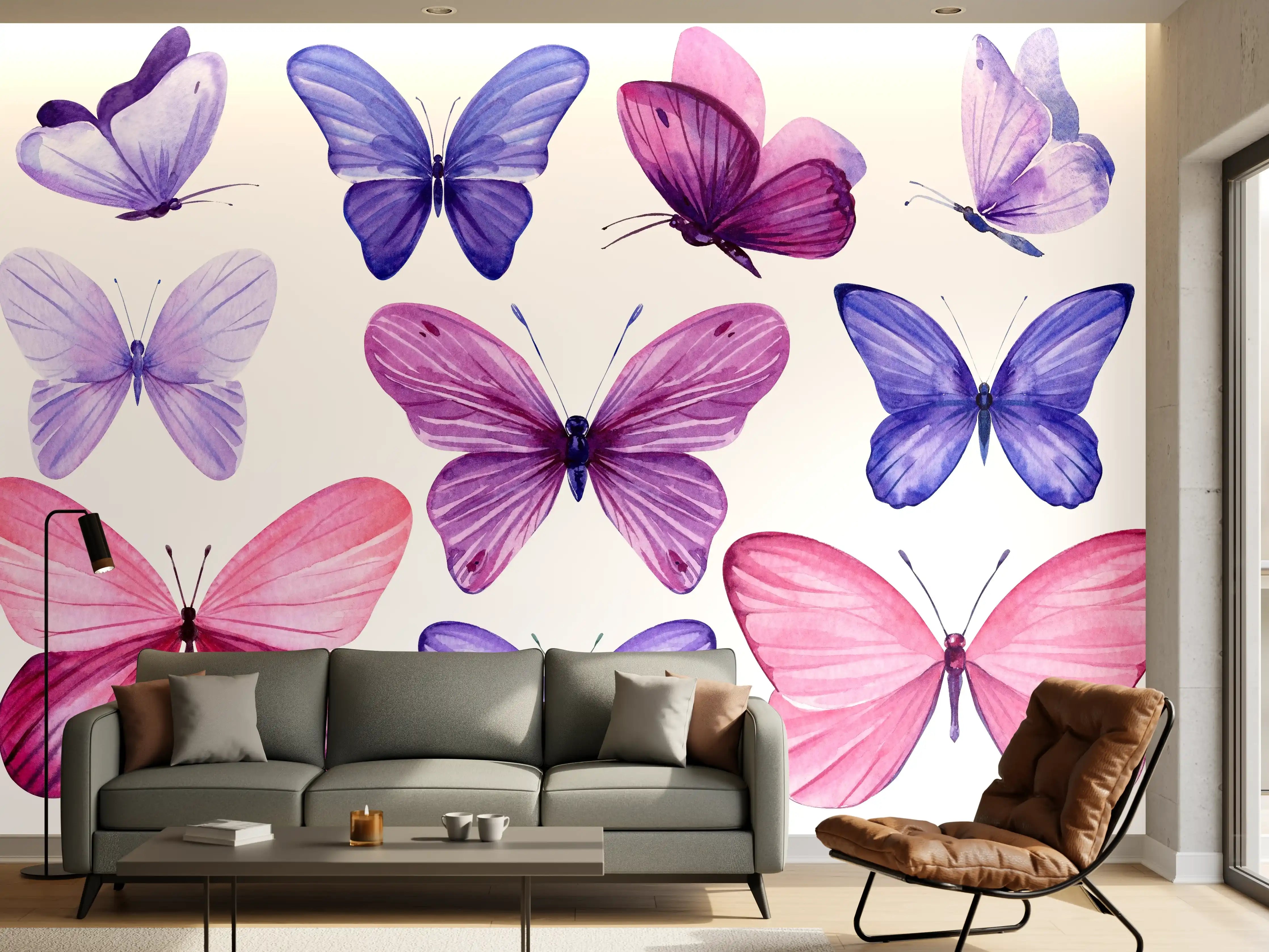 Wandverkleidung Wohnzimmer - Wunderschöne Schmetterlinge auf weißem Hintergrund