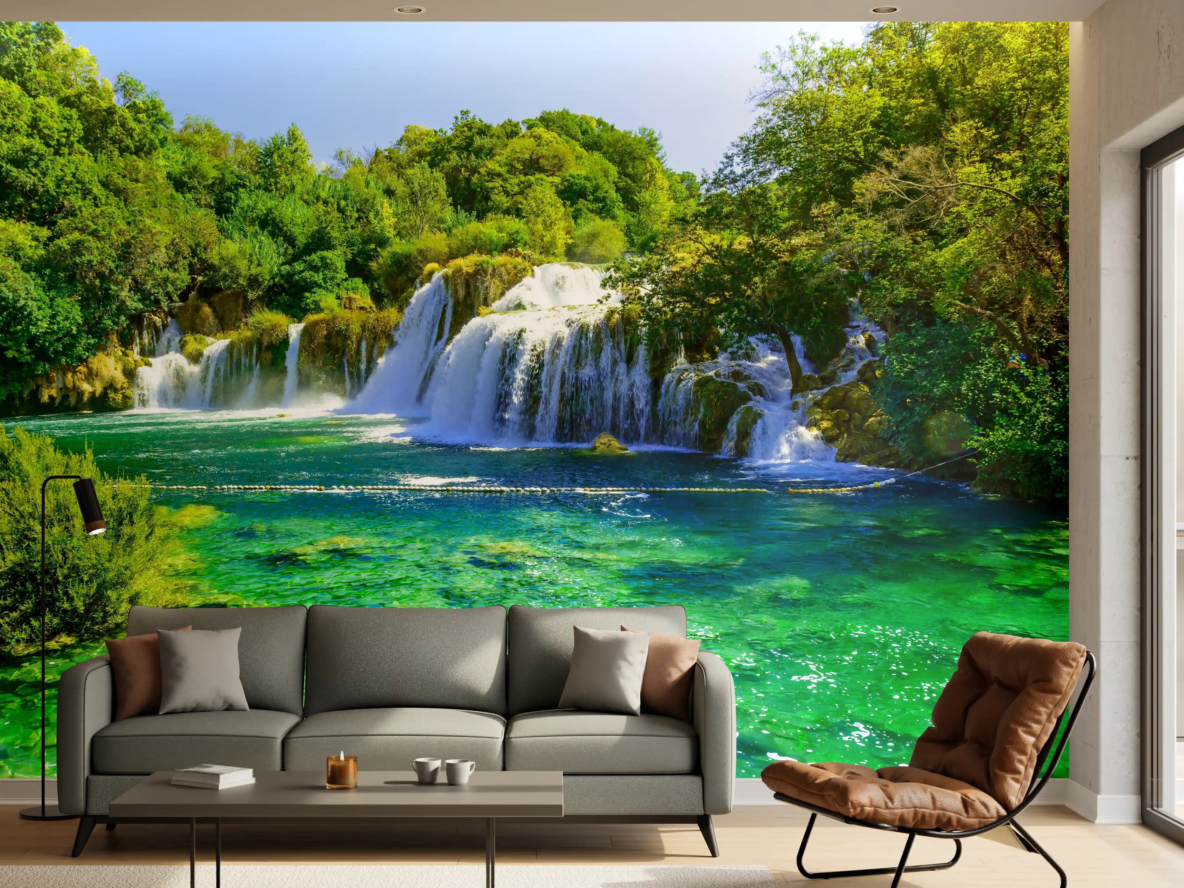 Wandverkleidung Wohnzimmer - Wunderschöne Wasserfall-Landschaft in Grüntönen