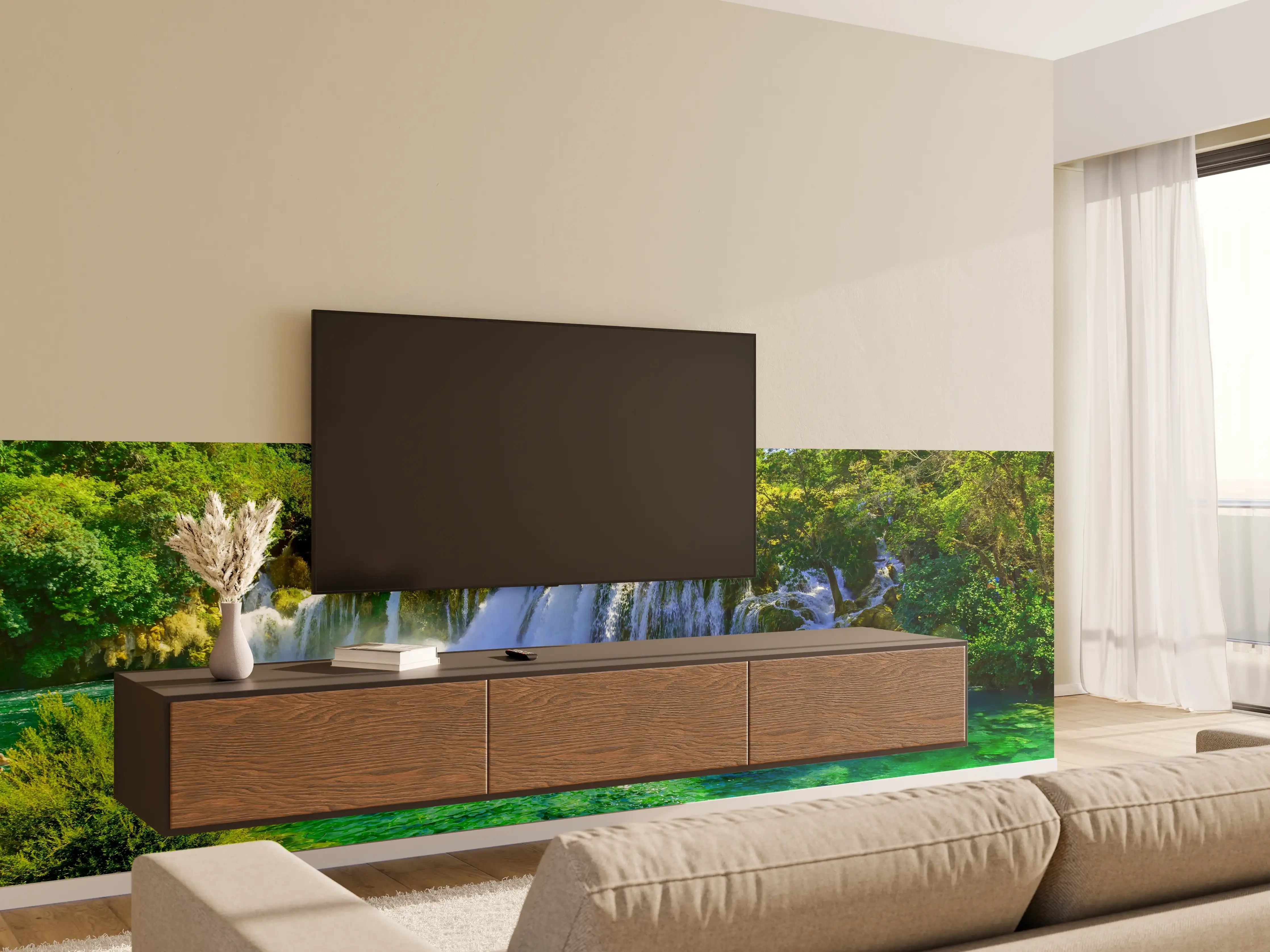 Wandverkleidung Wohnzimmer - Wunderschöne Wasserfall-Landschaft in Grüntönen