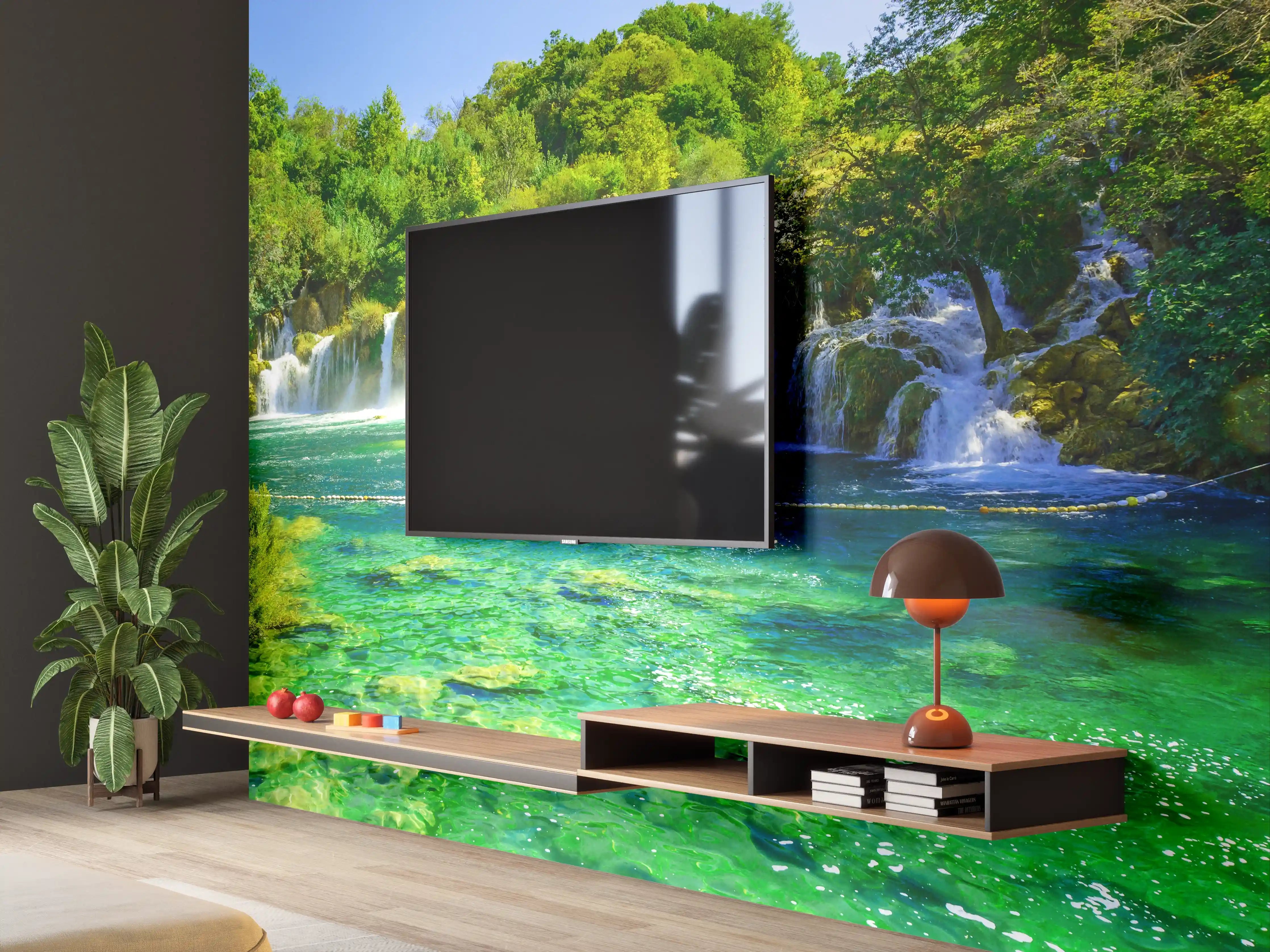 Wandverkleidung Wohnzimmer - Wunderschöne Wasserfall-Landschaft in Grüntönen