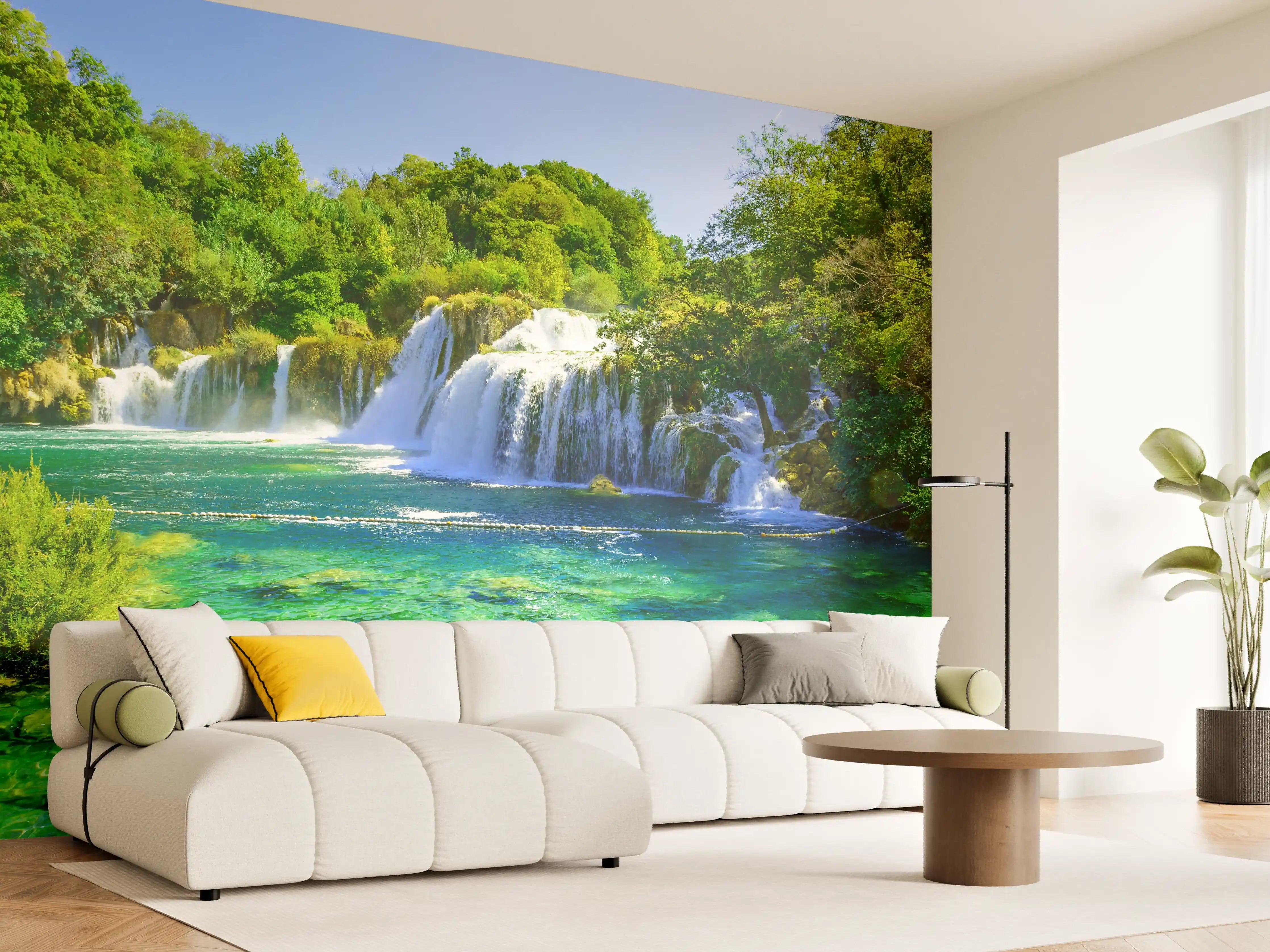 Wandverkleidung Wohnzimmer - Wunderschöne Wasserfall-Landschaft in Grüntönen