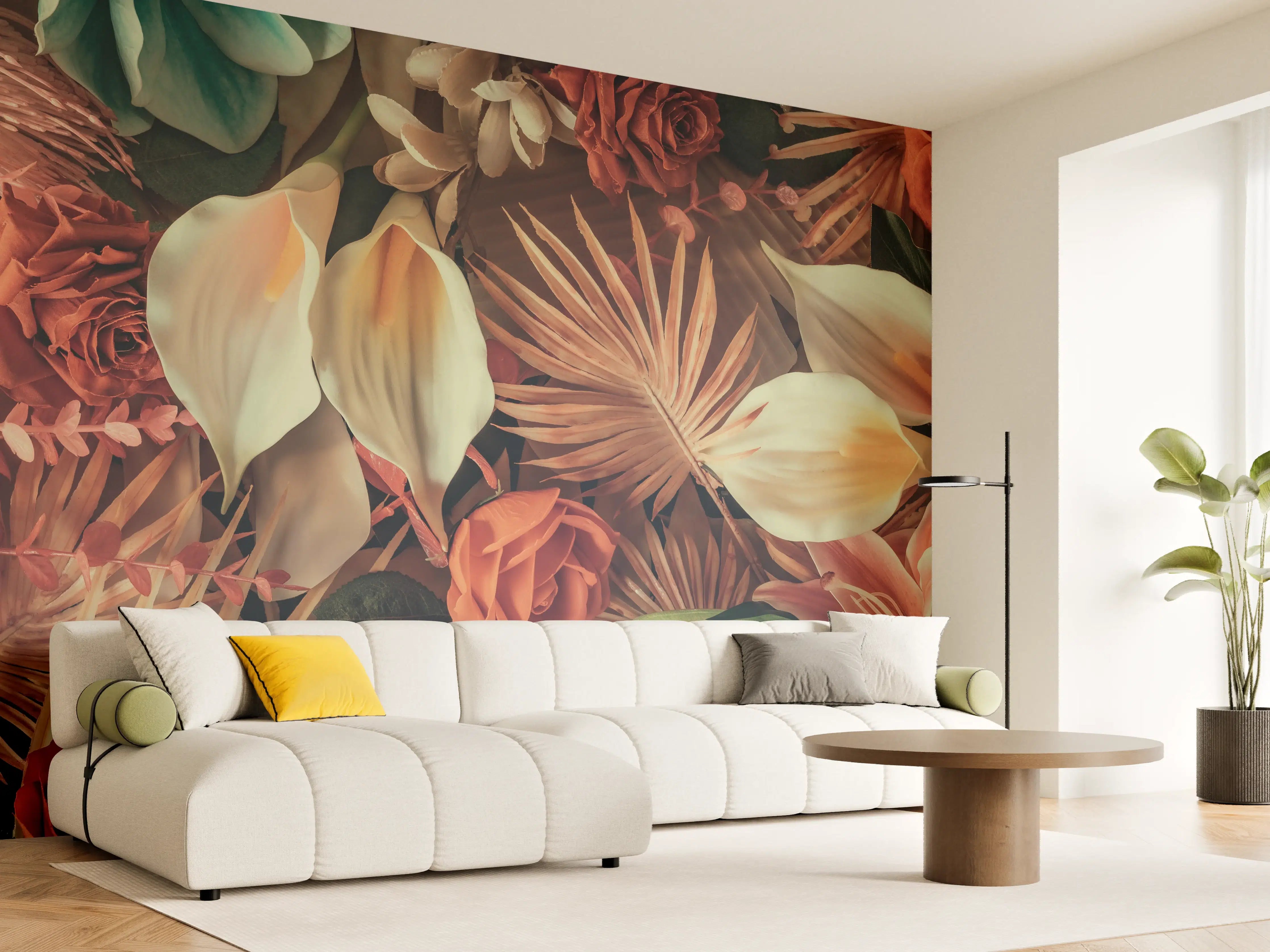 Wandverkleidung Wohnzimmer - Wunderschöne botanische Collage mit warmen Farbtönen