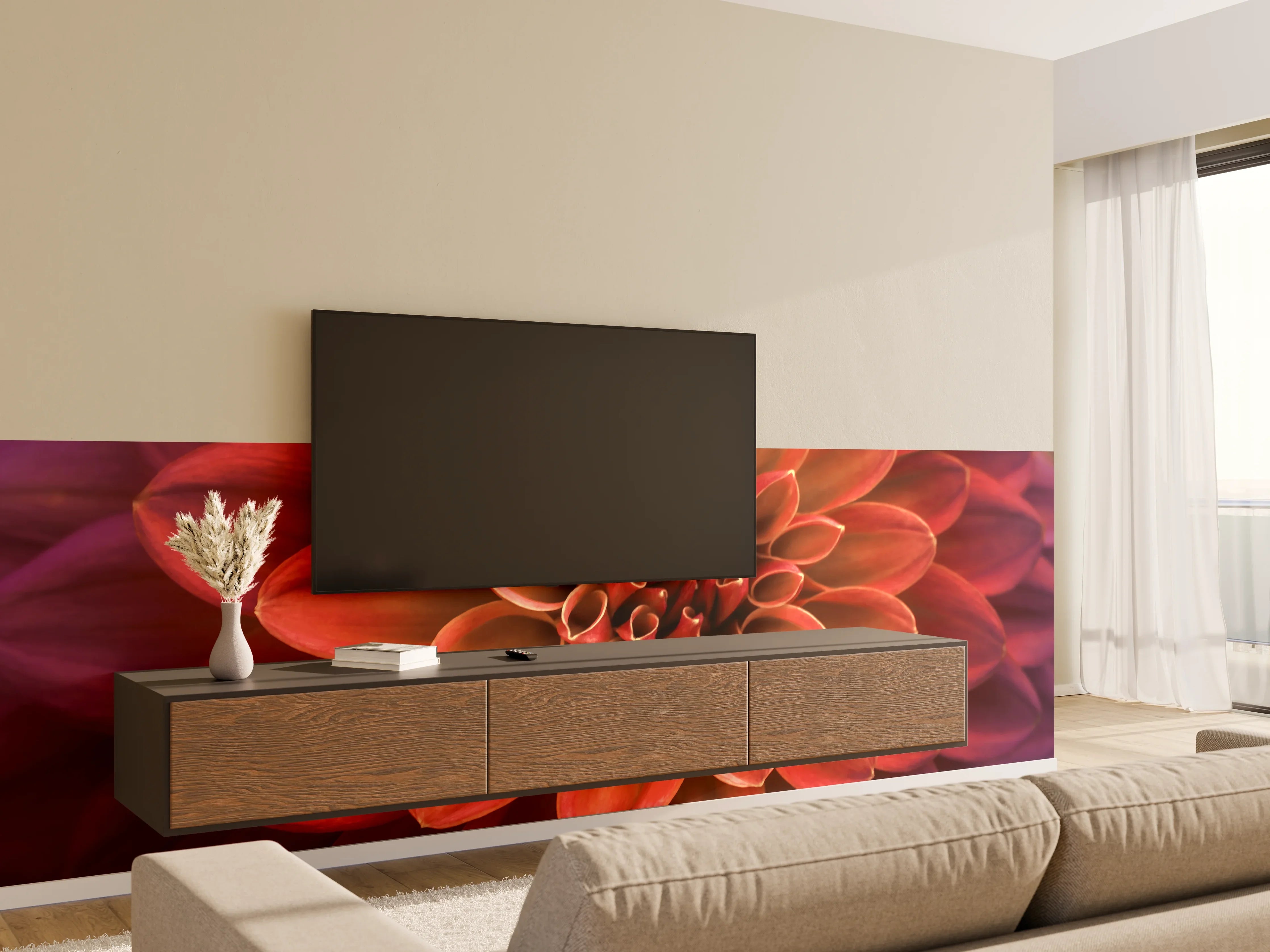Wandverkleidung Wohnzimmer - Wunderschöne rote Dahlie in Nahaufnahme