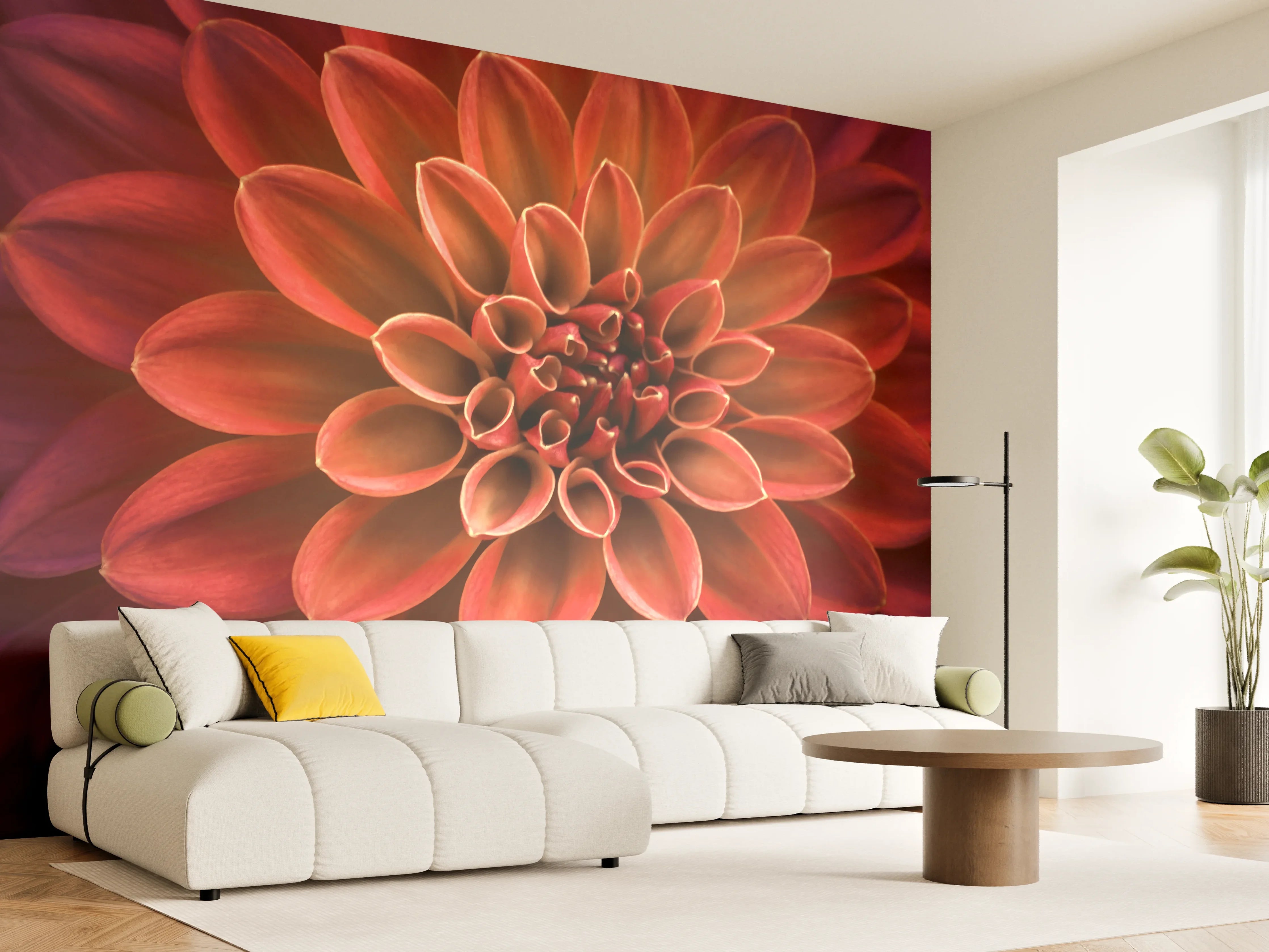 Wandverkleidung Wohnzimmer - Wunderschöne rote Dahlie in Nahaufnahme