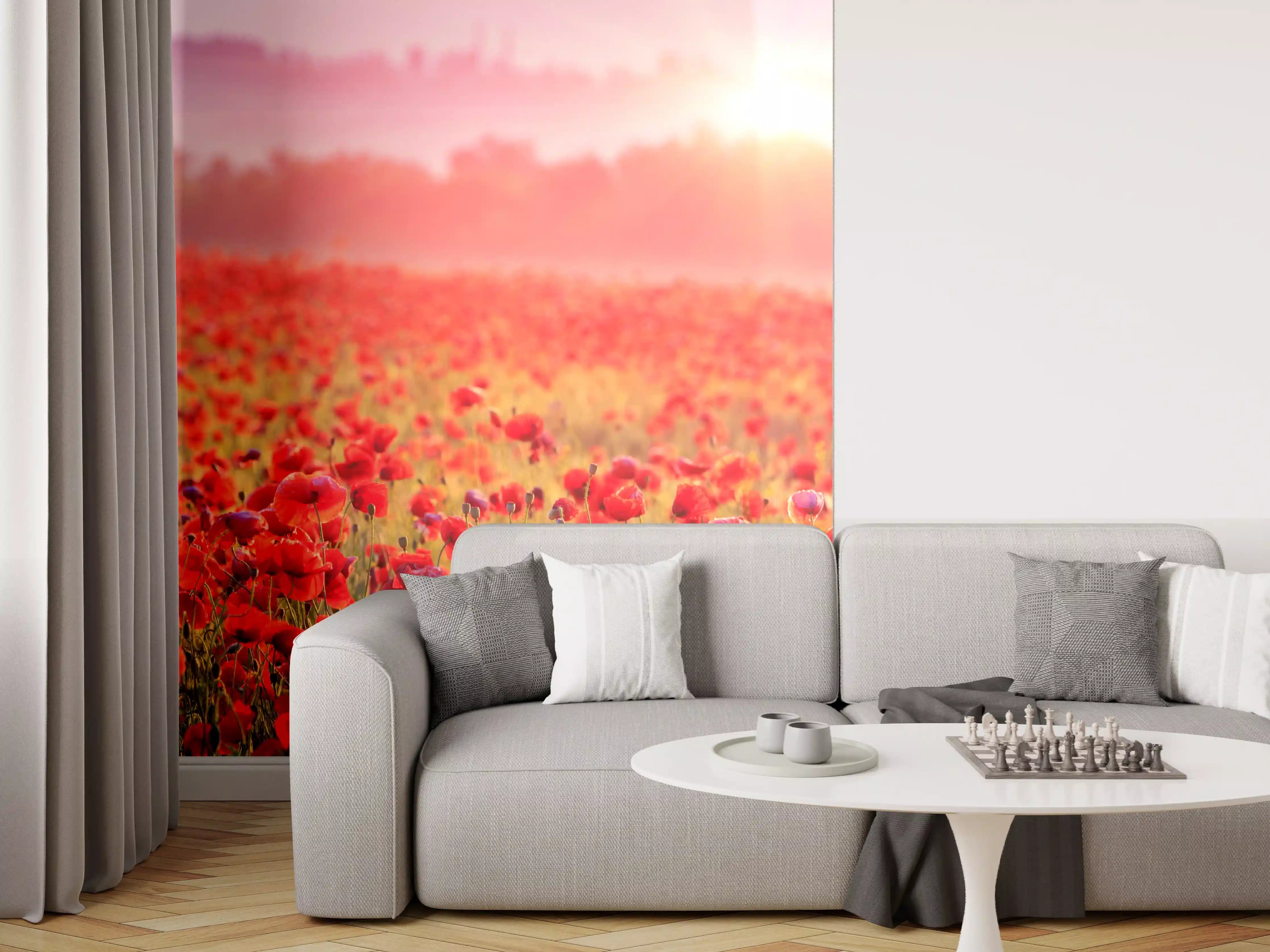 Wandverkleidung Wohnzimmer - Wunderschöner Mohnblumenfeld bei Sonnenaufgang