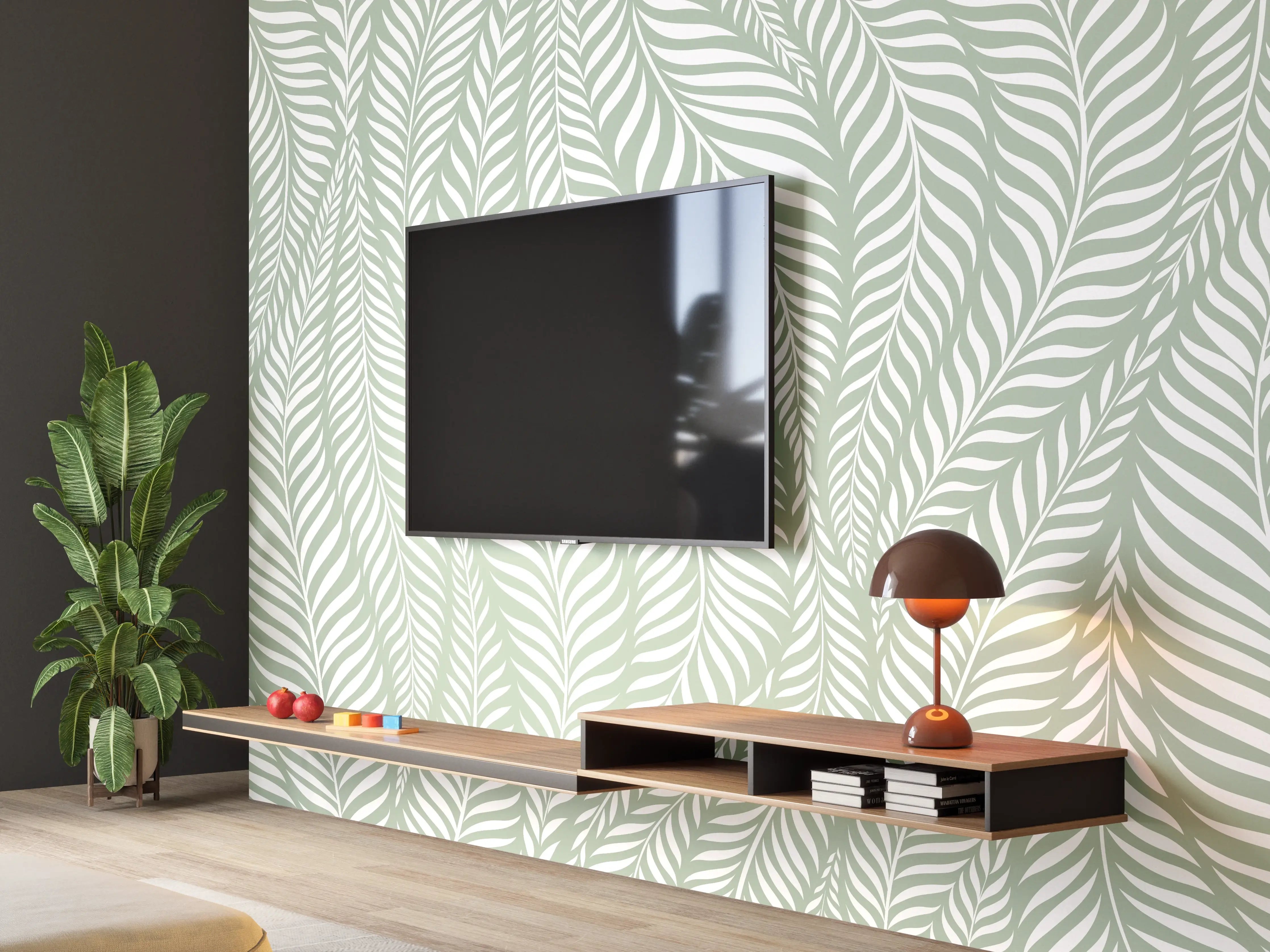 Wandverkleidung Wohnzimmer - Zarte Blättermuster in Hellgrün